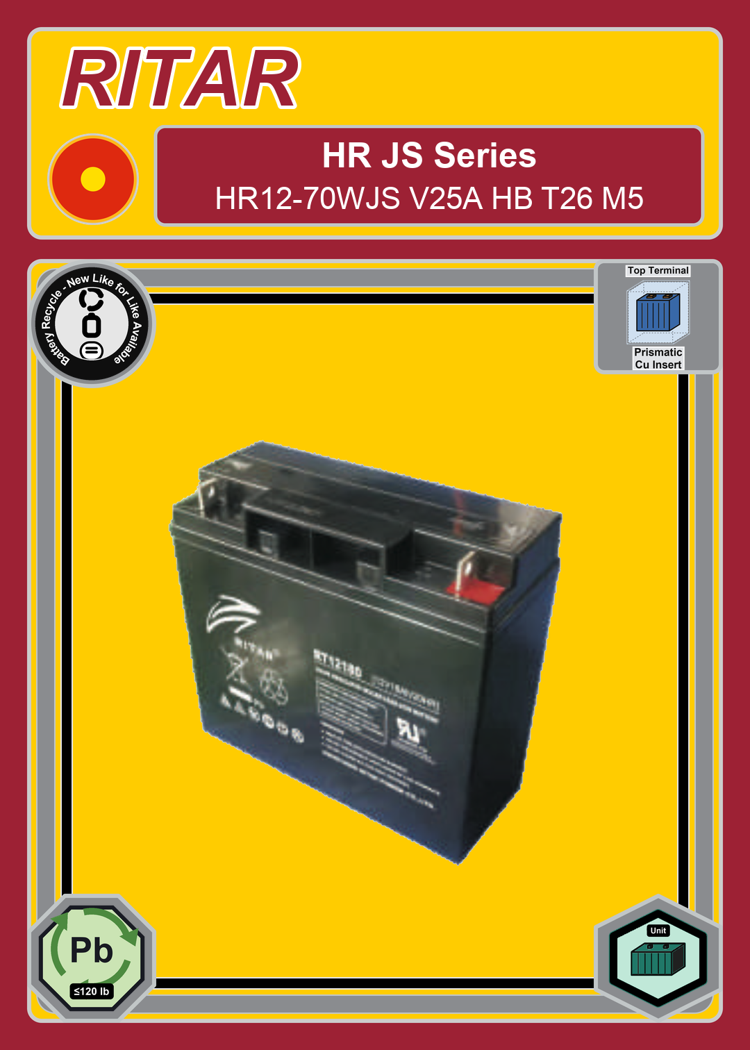 Battery Recycle Ritar HR JS Series HR12 70WJS V25A HB T26 M5