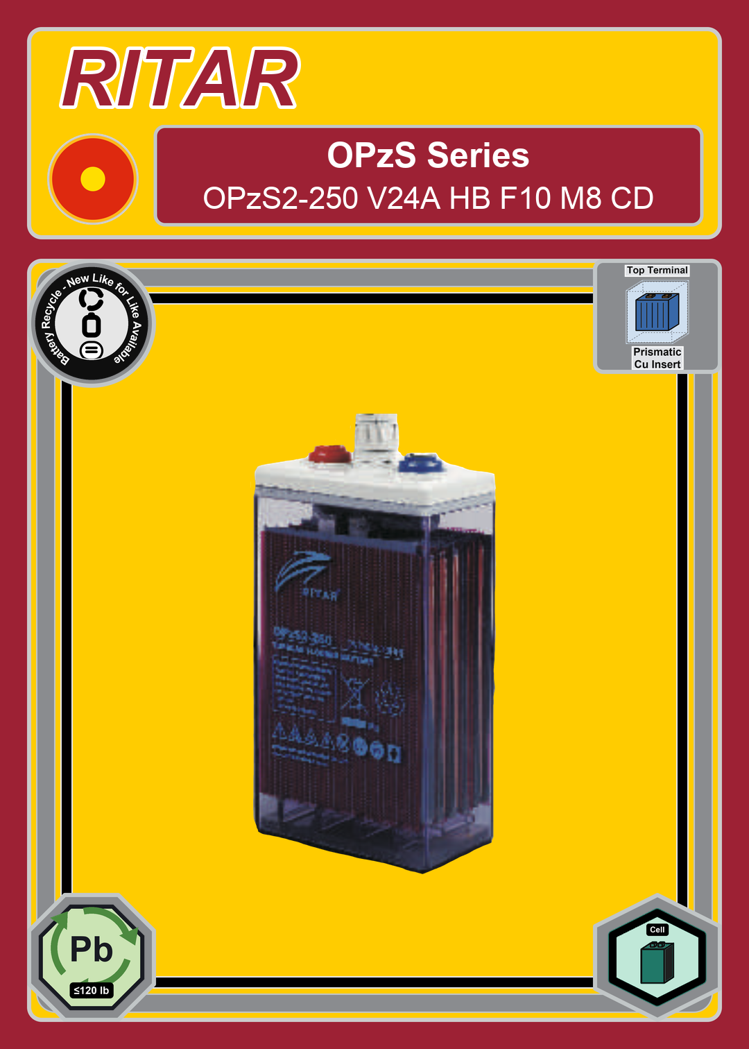 Battery Recycle Ritar OPzS Series OPzS2 250 V24A HB F10 M8 CD
