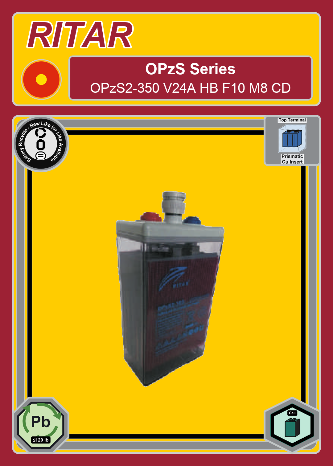 Battery Recycle Ritar OPzS Series OPzS2 350 V24A HB F10 M8 CD