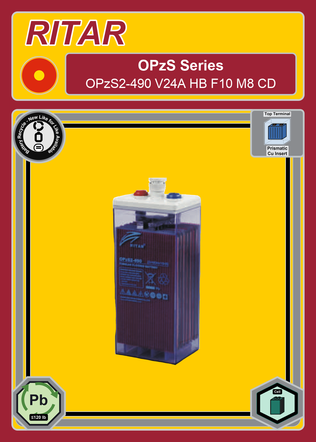 Battery Recycle Ritar OPzS Series OPzS2 490 V24A HB F10 M8 CD