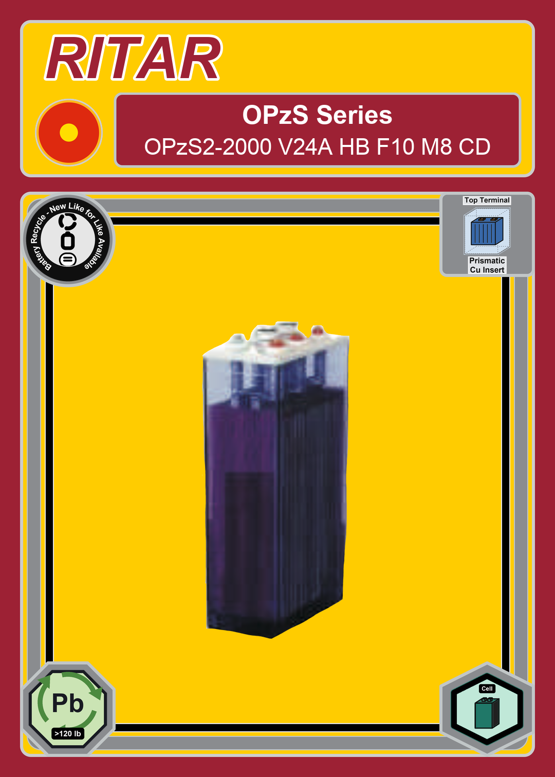 Battery Recycle Ritar OPzS Series OPzS2 2000 V24A HB F10 M8 CD