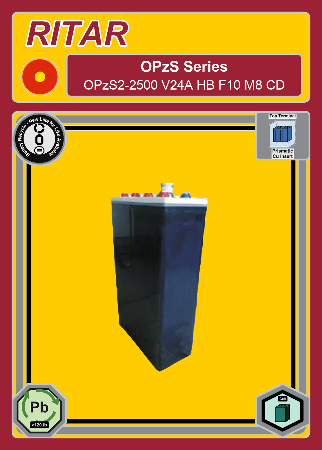 Battery Recycle Ritar OPzS Series OPzS2 2500 V24A HB F10 M8 CD