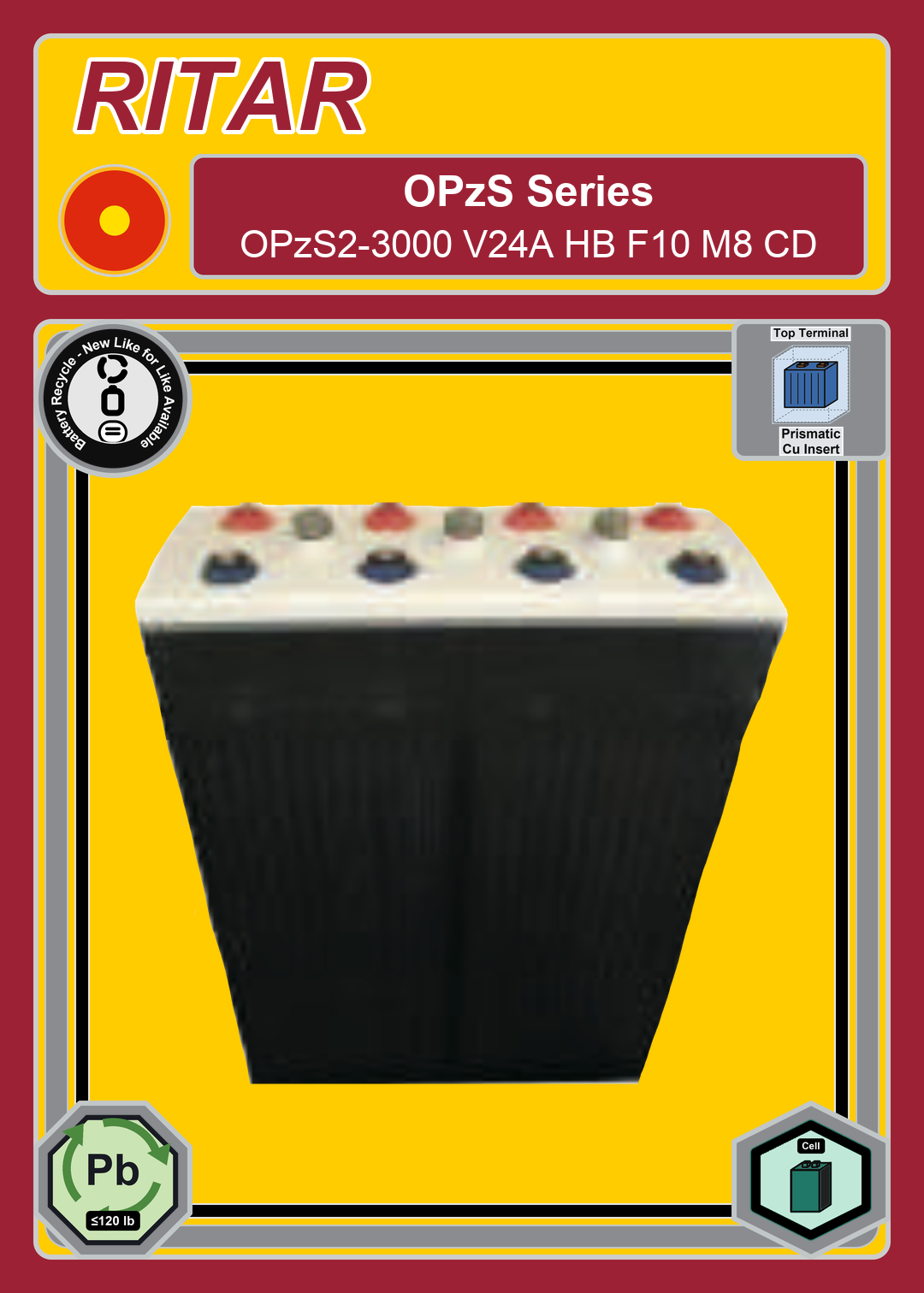 Battery Recycle Ritar OPzS Series OPzS2 3000 V24A HB F10 M8 CD
