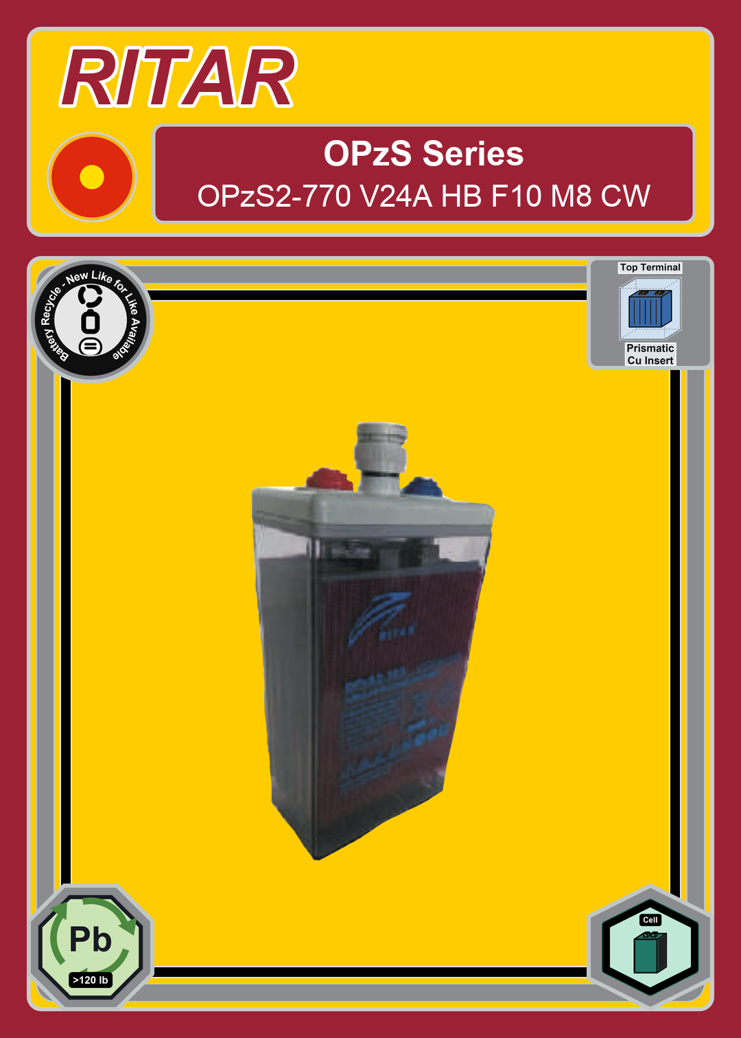 Battery Recycle Ritar OPzS Series OPzS2 770 V24A HB F10 M8 CW