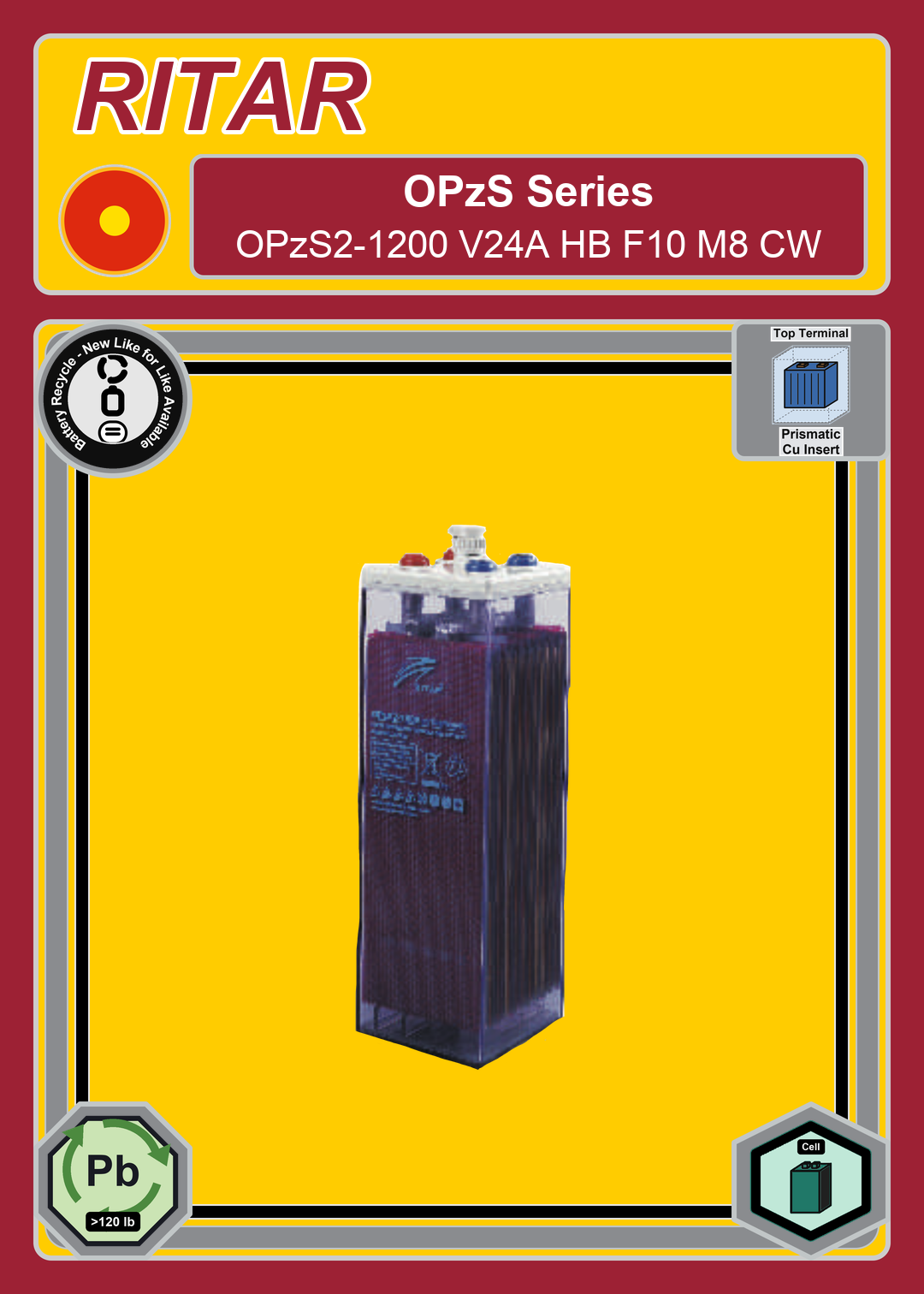 Battery Recycle Ritar OPzS Series OPzS2 1200 V24A HB F10 M8 CW