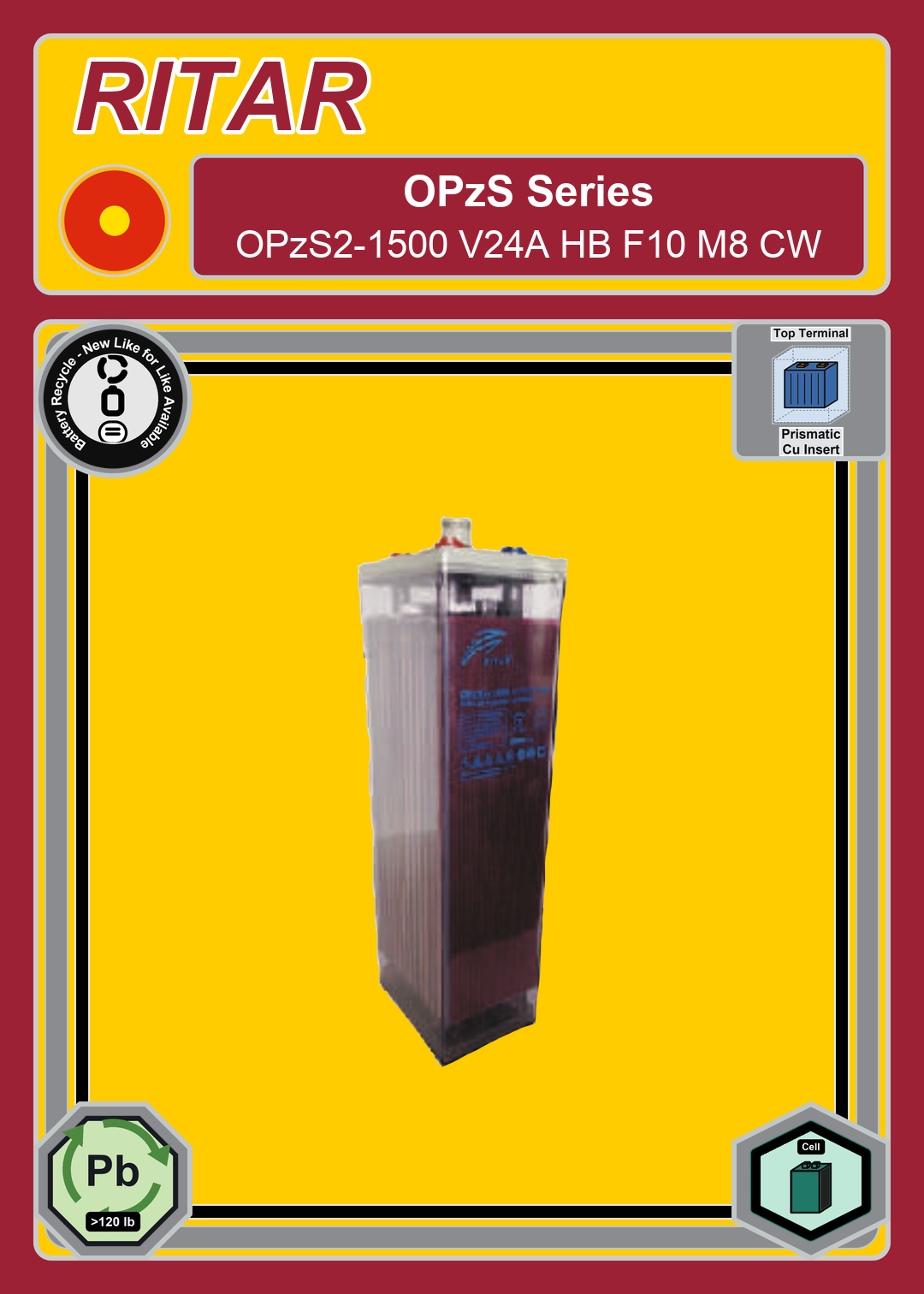 Battery Recycle Ritar OPzS Series OPzS2 1500 V24A HB F10 M8 CW