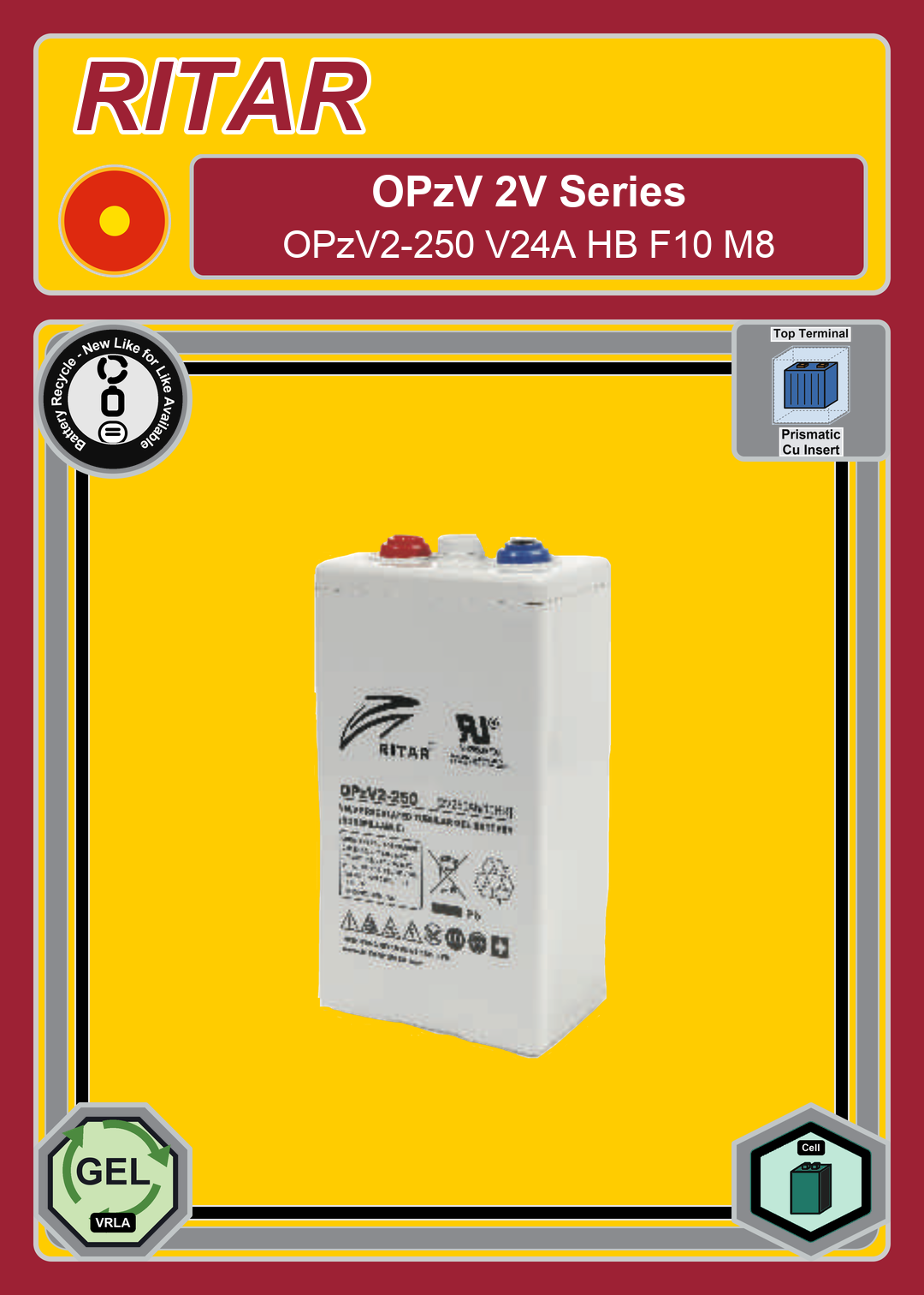Battery Recycle Ritar OPzV Series OPzV2 250 V24A HB F10 M8