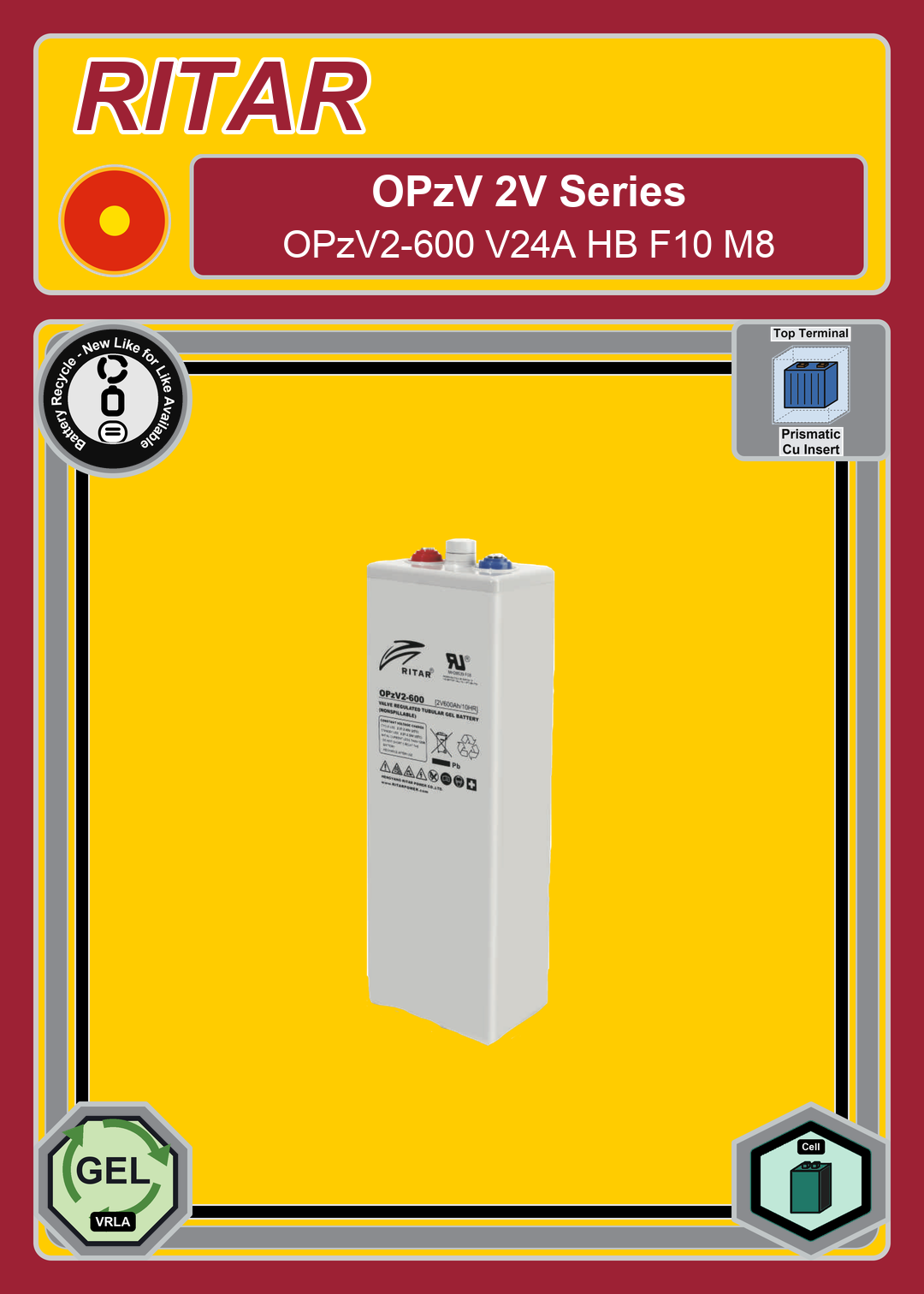 Battery Recycle Ritar OPzV Series OPzV2 600 V24A HB F10 M8