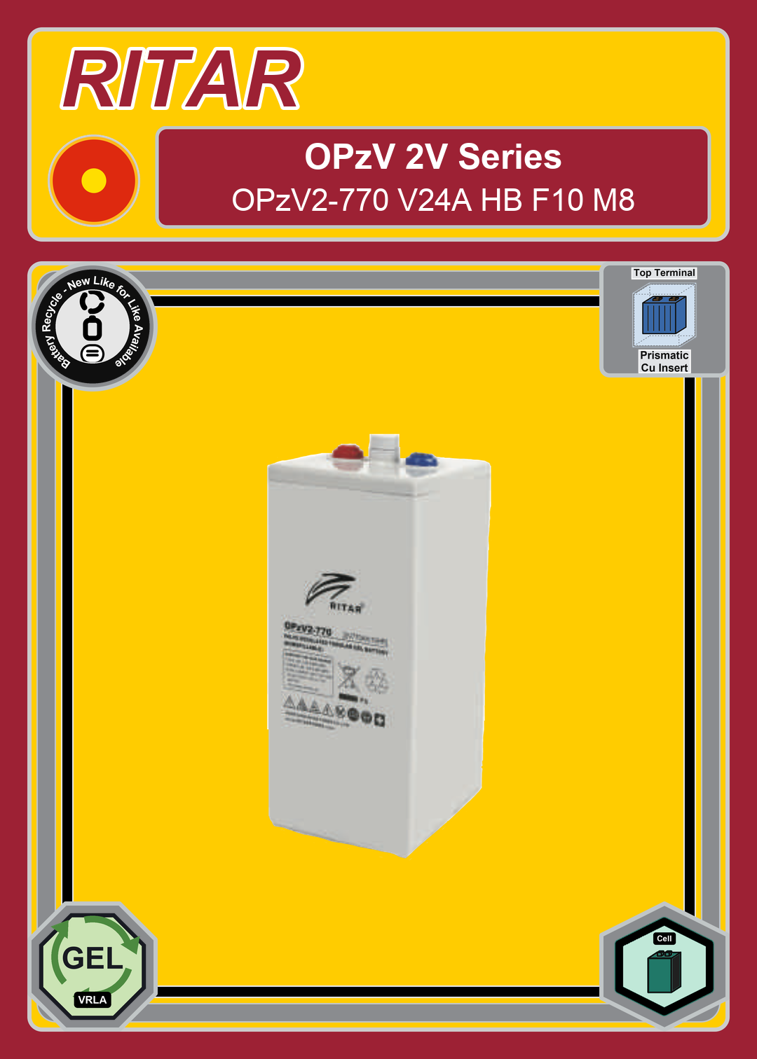 Battery Recycle Ritar OPzV Series OPzV2 770 V24A HB F10 M8