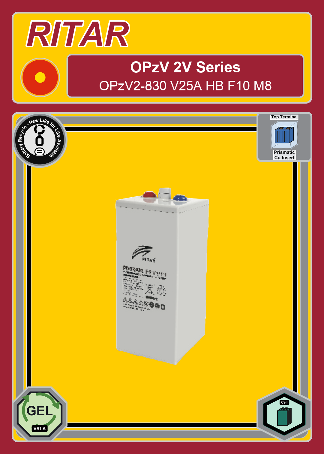 Battery Recycle Ritar OPzV Series OPzV2 830 V25A HB F10 M8