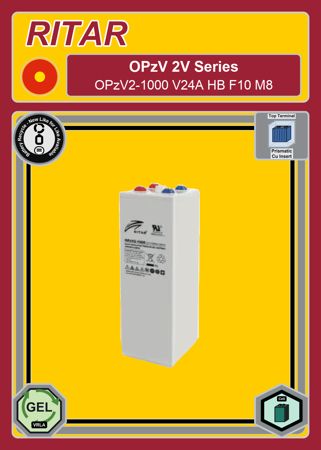 Battery Recycle Ritar OPzV Series OPzV2 1000 V24A HB F10 M8