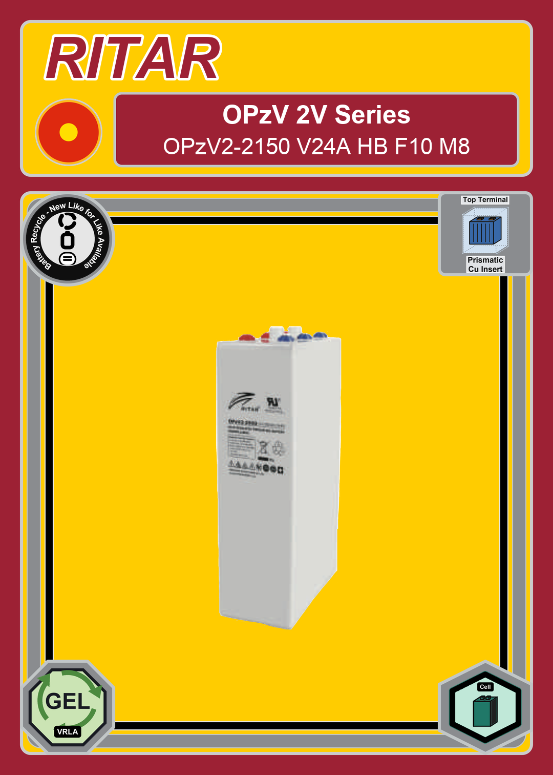 Battery Recycle Ritar OPzV Series OPzV2 2150 V24A HB F10 M8