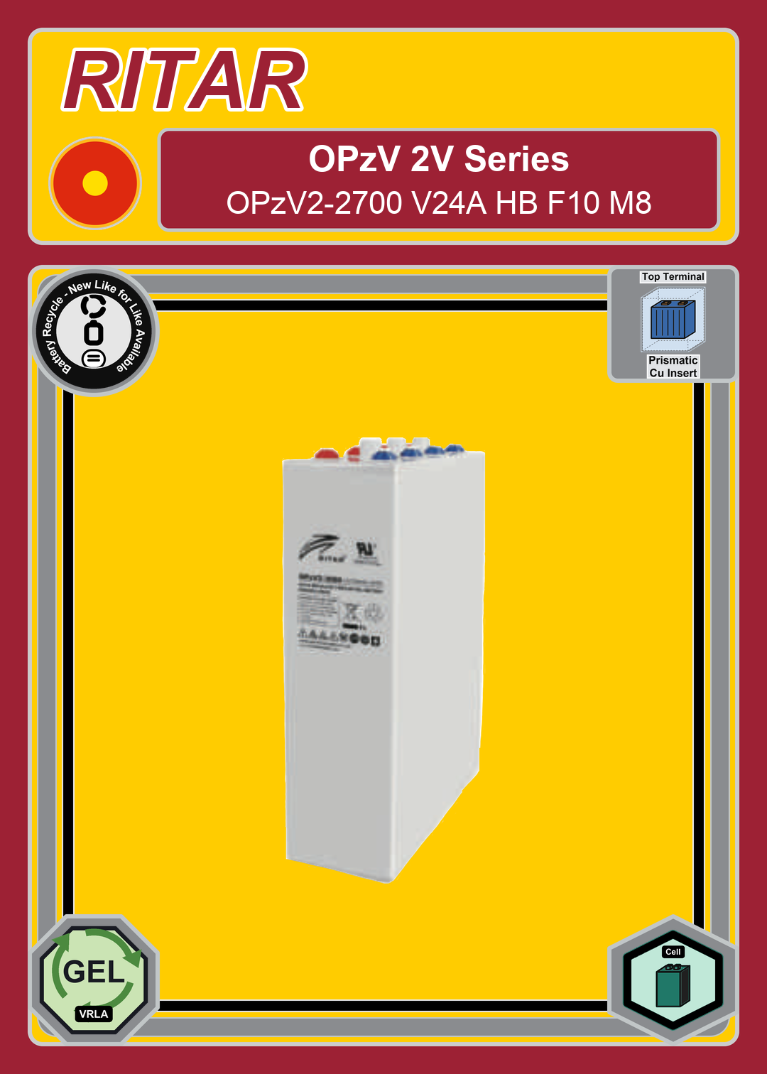 Battery Recycle Ritar OPzV Series OPzV2 2700 V24A HB F10 M8