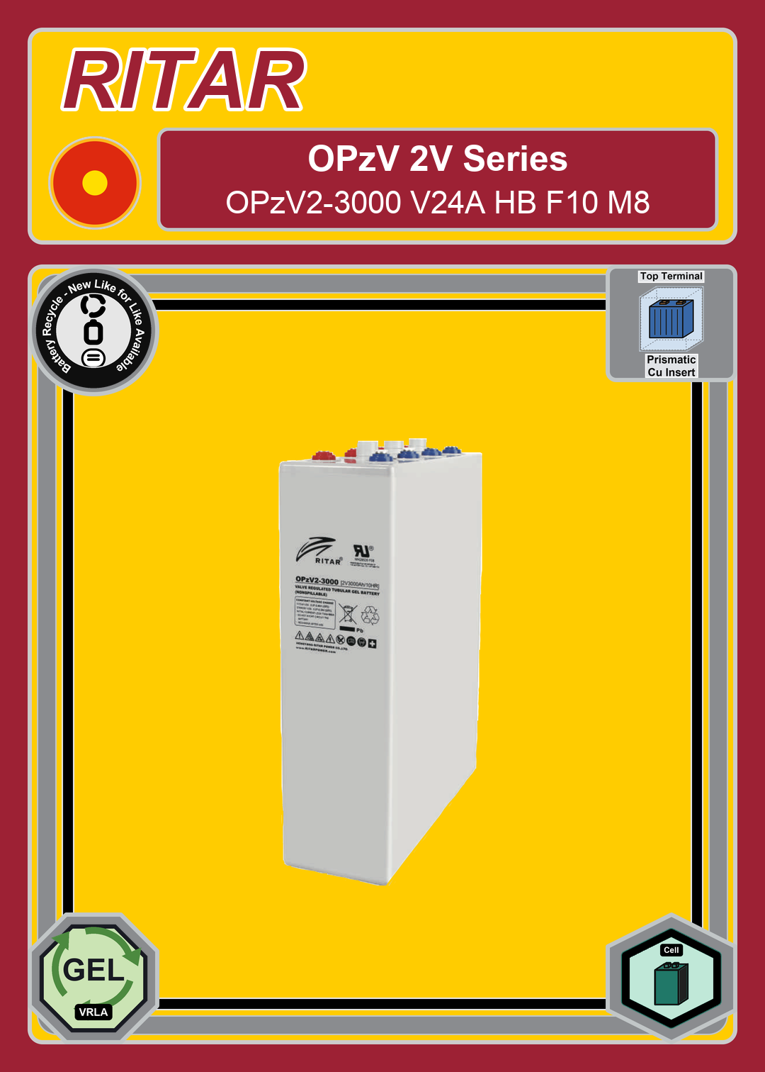 Battery Recycle Ritar OPzV Series OPzV2 3000 V24A HB F10 M8