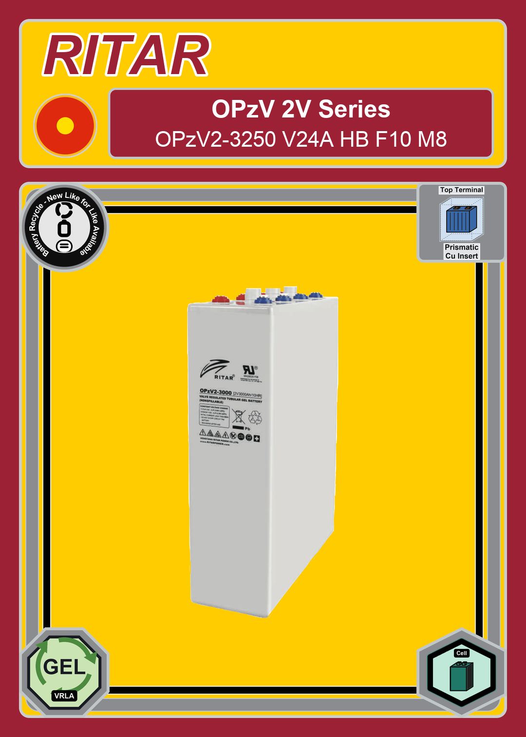 Battery Recycle Ritar OPzV Series OPzV2 3250 V24A HB F10 M8