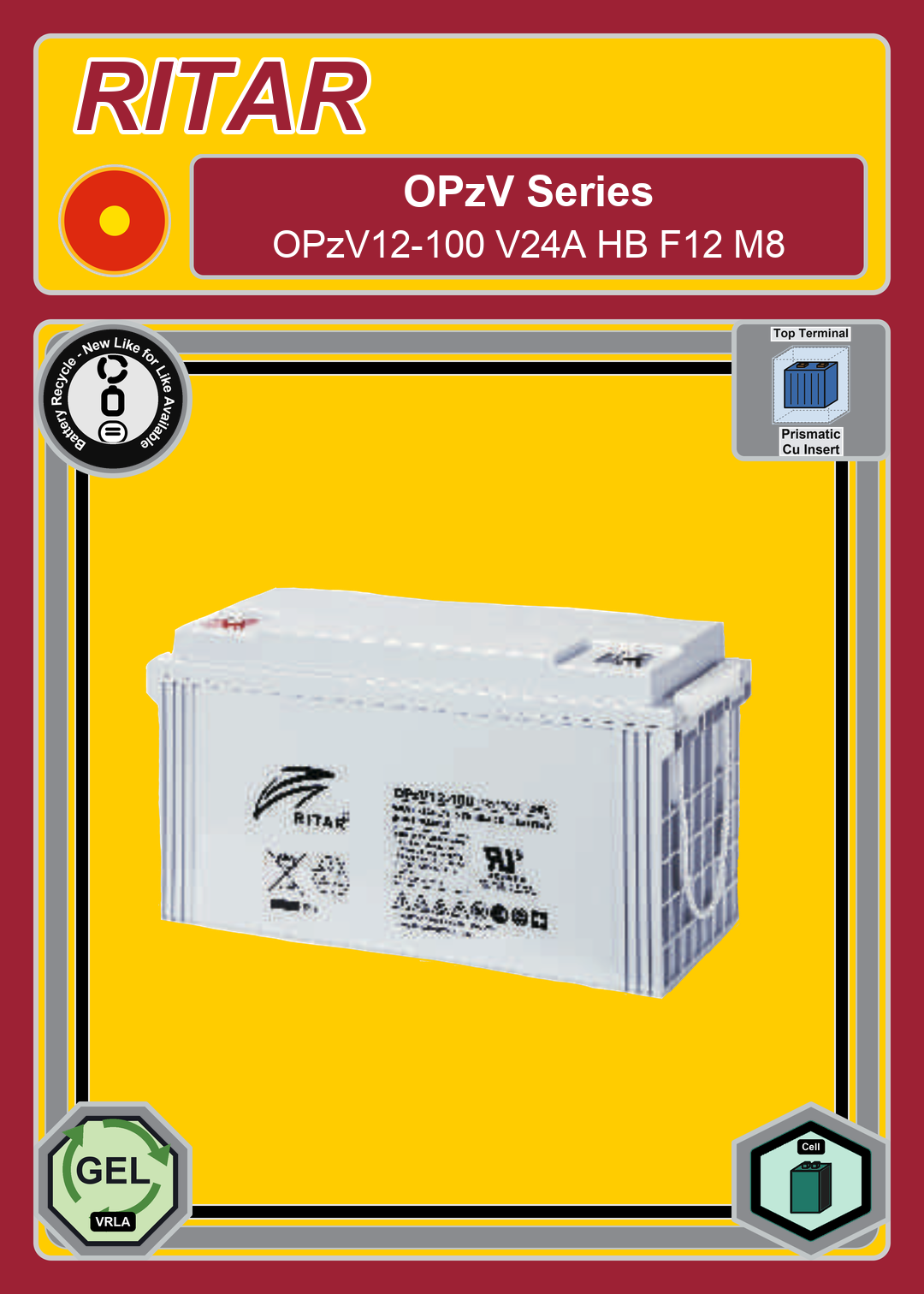 Battery Recycle Ritar OPzV Series OPzV12 100 V24A HB F12 M8