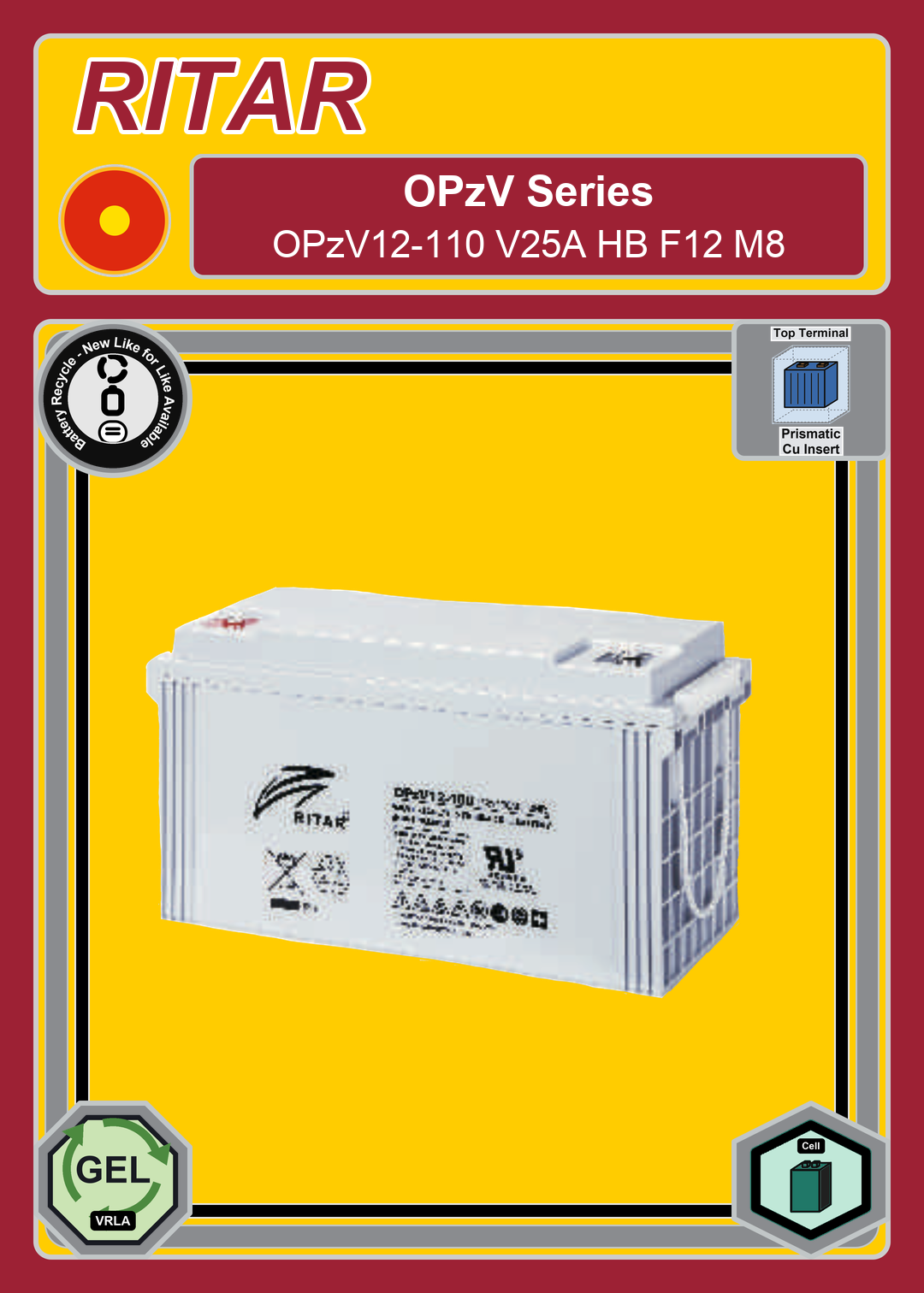 Battery Recycle Ritar OPzV Series OPzV12 110 V25A HB F12 M8