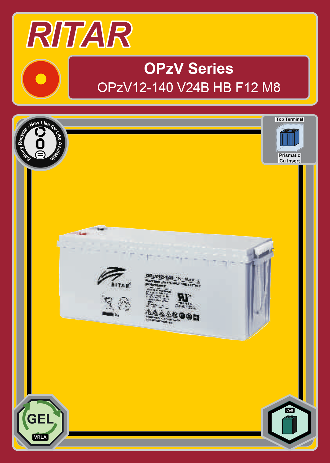 Battery Recycle Ritar OPzV Series OPzV12 140 V24B HB F12 M8