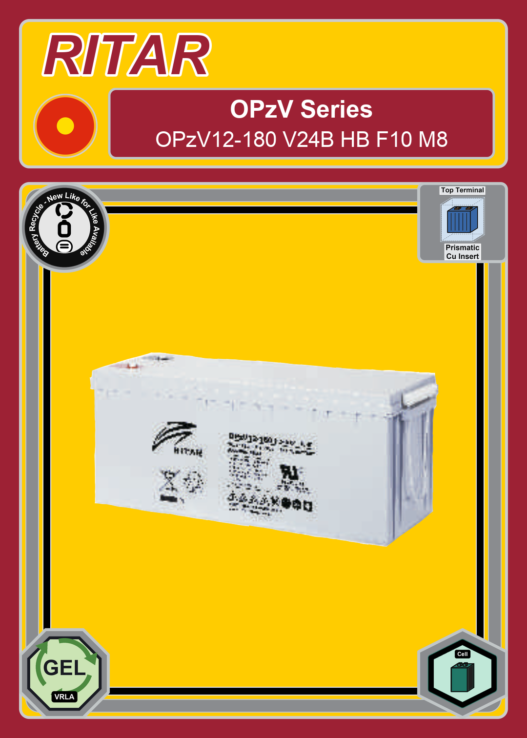 Battery Recycle Ritar OPzV Series OPzV12 180 V24B HB F10 M8