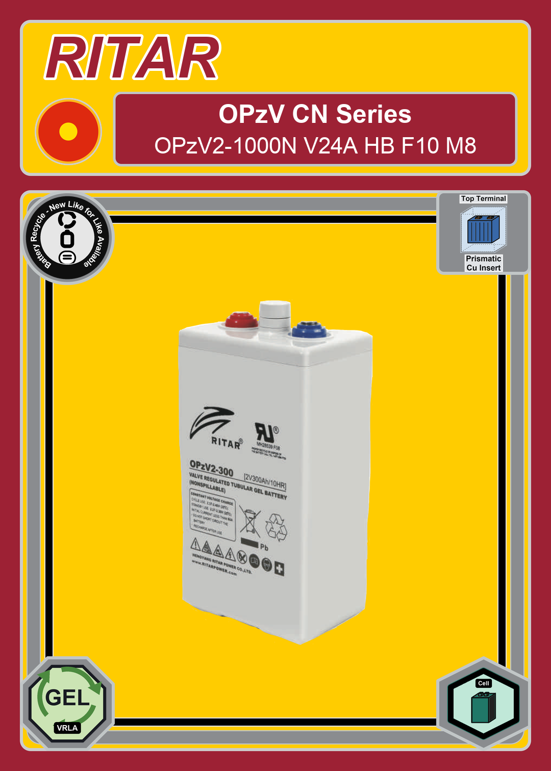 Battery Recycle Ritar OPzV CN Series OPzV2 1000N V24A HB F10 M8