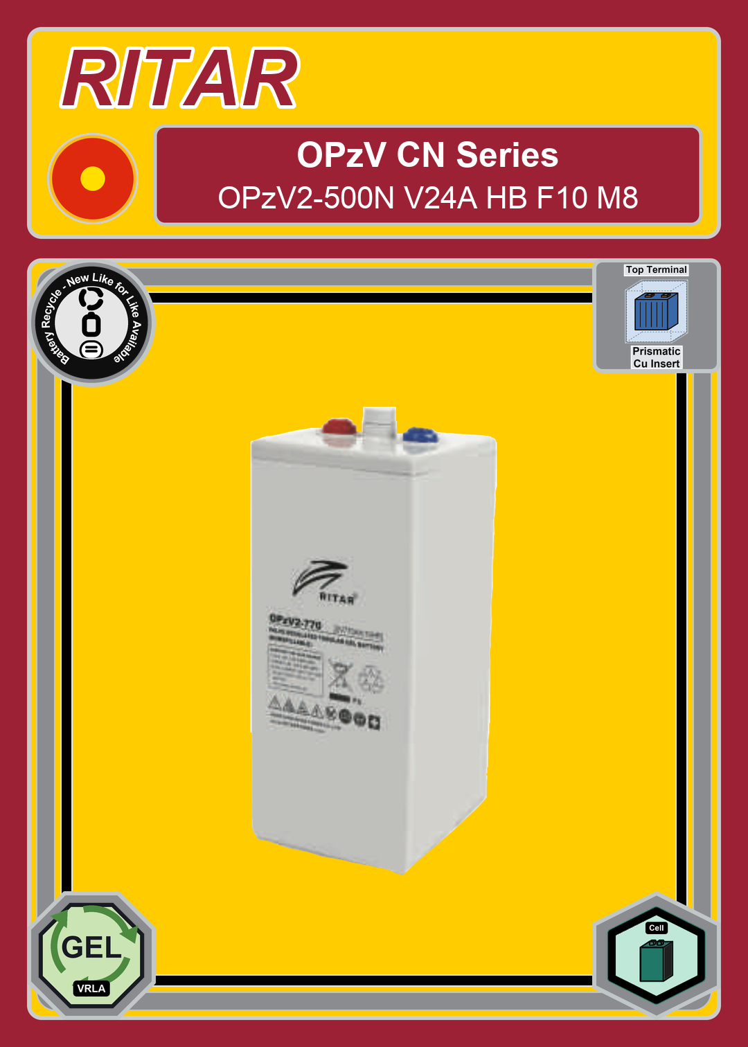 Battery Recycle Ritar OPzV CN Series OPzV2 500N V24A HB F10 M8