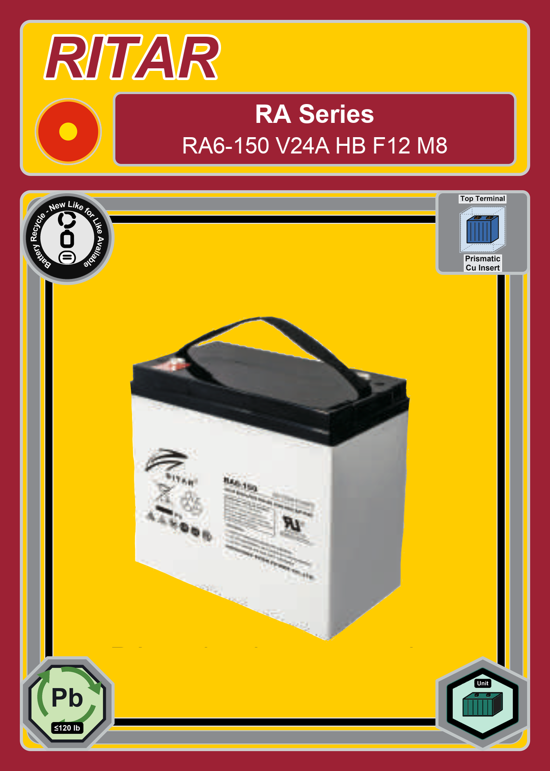 Battery Recycle Ritar RA Series RA6 150 V24A HB F12 M8