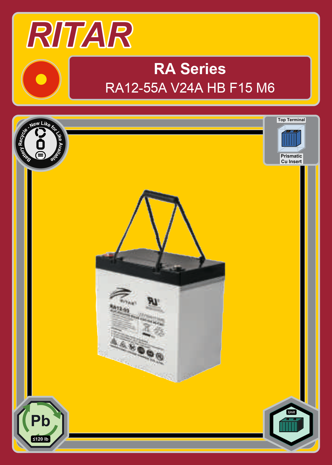 Battery Recycle Ritar RA Series RA12 55A V24A HB F15 M6