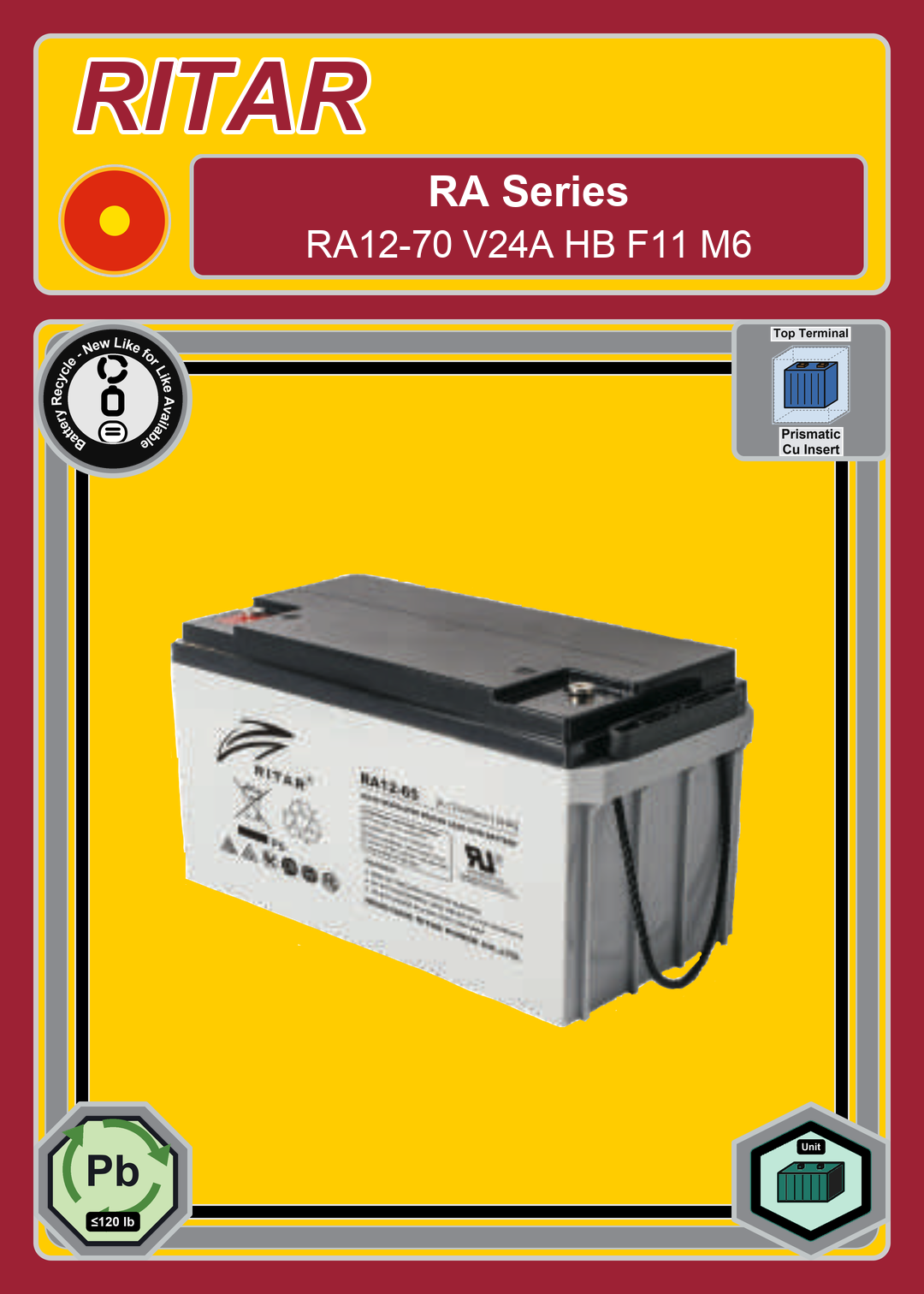 Battery Recycle Ritar RA Series RA12 70 V24A HB F11 M6
