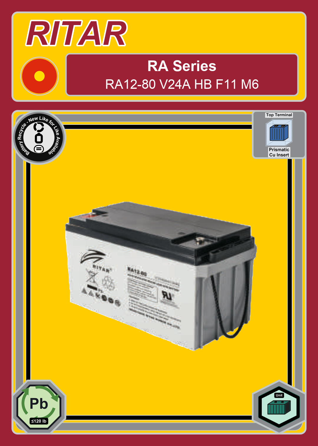 Battery Recycle Ritar RA Series RA12 80 V24A HB F11 M6