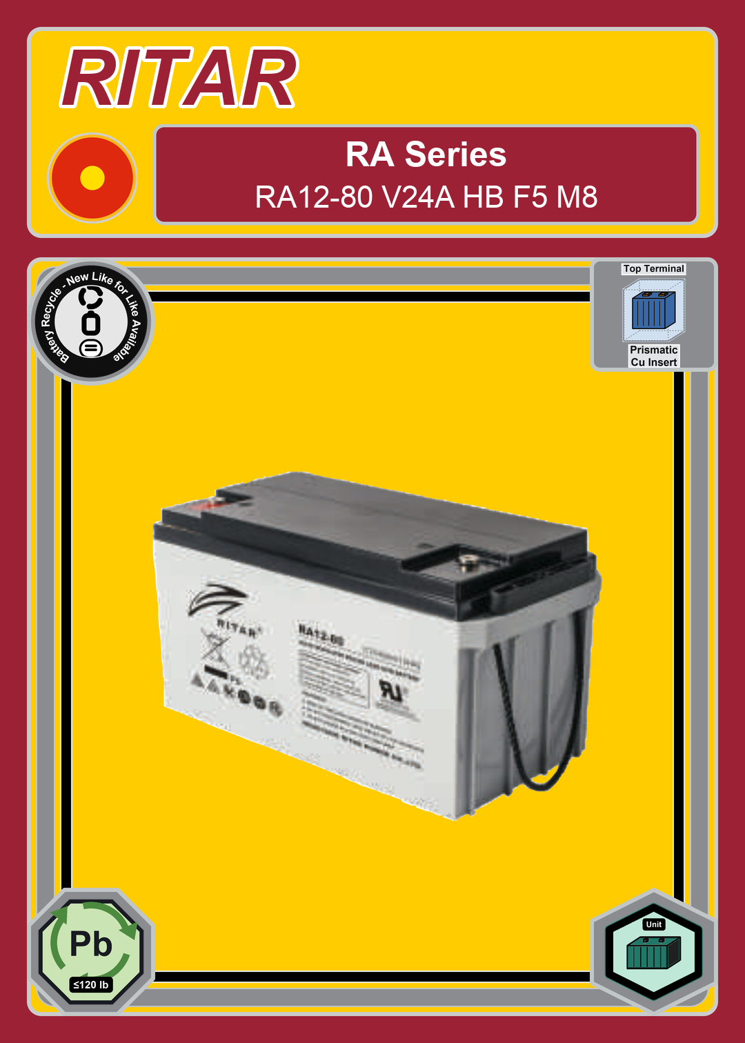 Battery Recycle Ritar RA Series RA12 80 V24A HB F5 M8