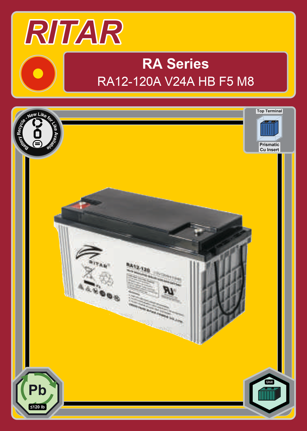 Battery Recycle Ritar RA Series RA12 120A V24A HB F5 M8
