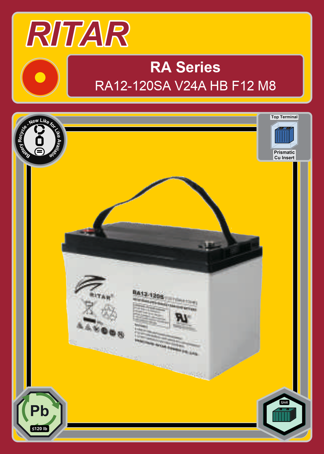 Battery Recycle Ritar RA Series RA12 120SA V24A HB F12 M8