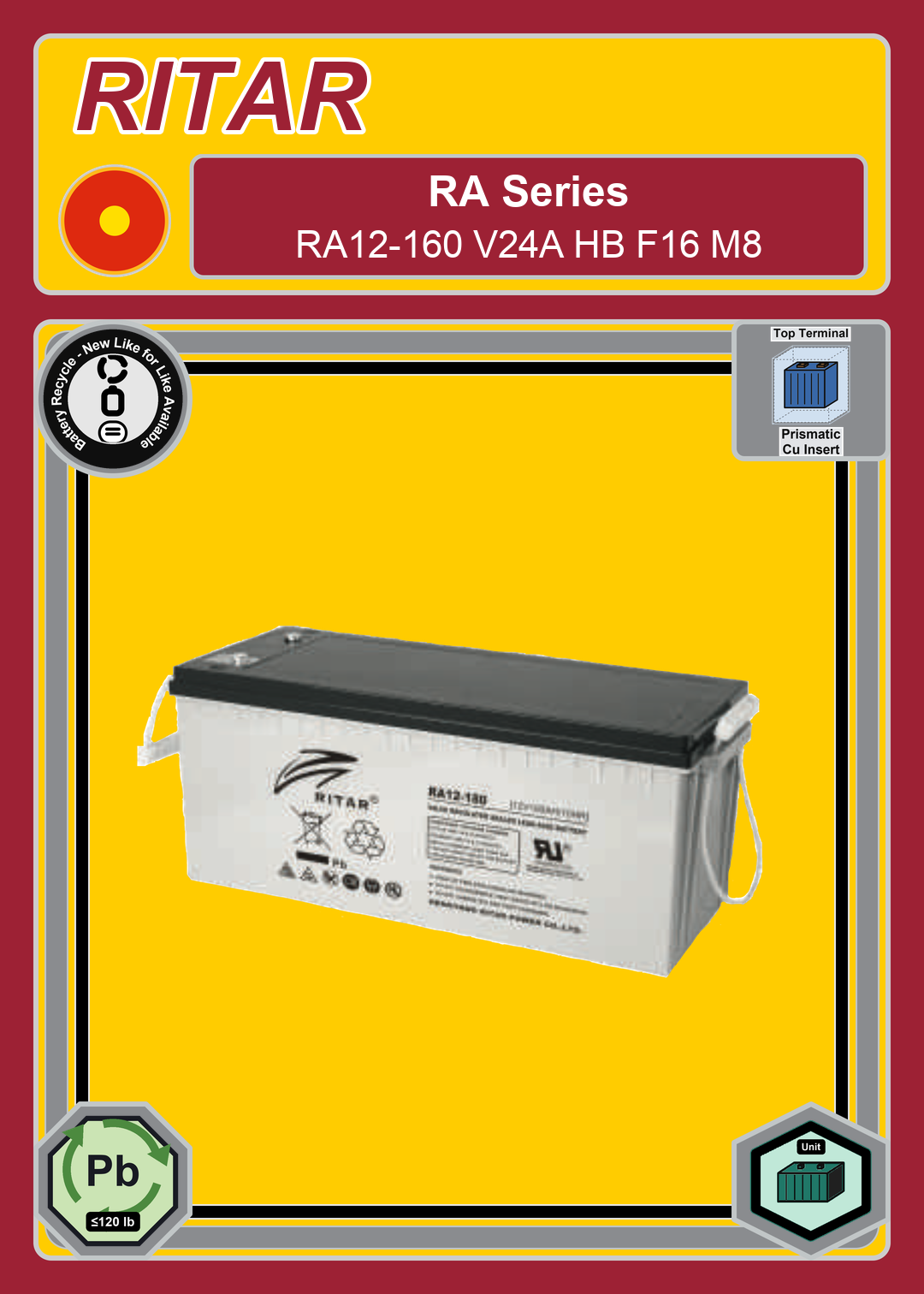 Battery Recycle Ritar RA Series RA12 160 V24A HB F16 M8