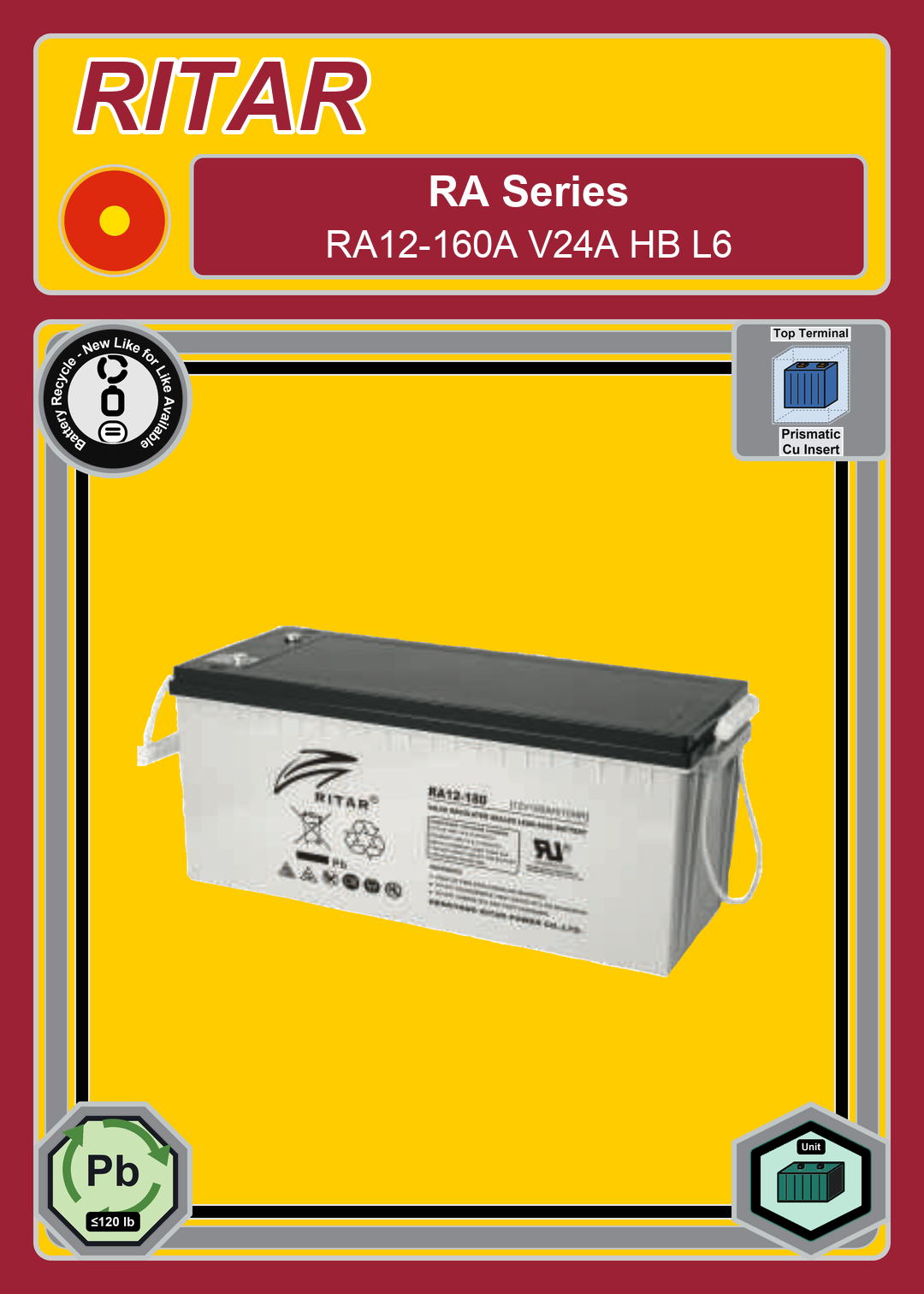 Battery Recycle Ritar RA Series RA12 160A V24A HB L6