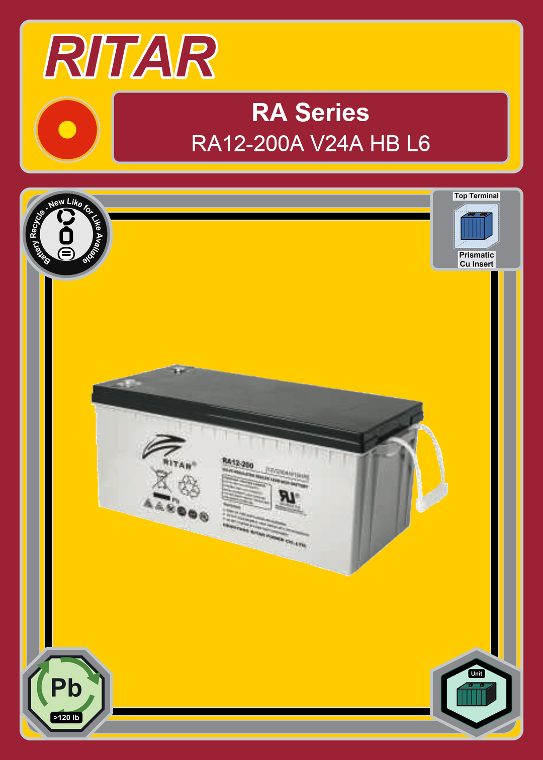 Battery Recycle Ritar RA Series RA12 200A V24A HB L6