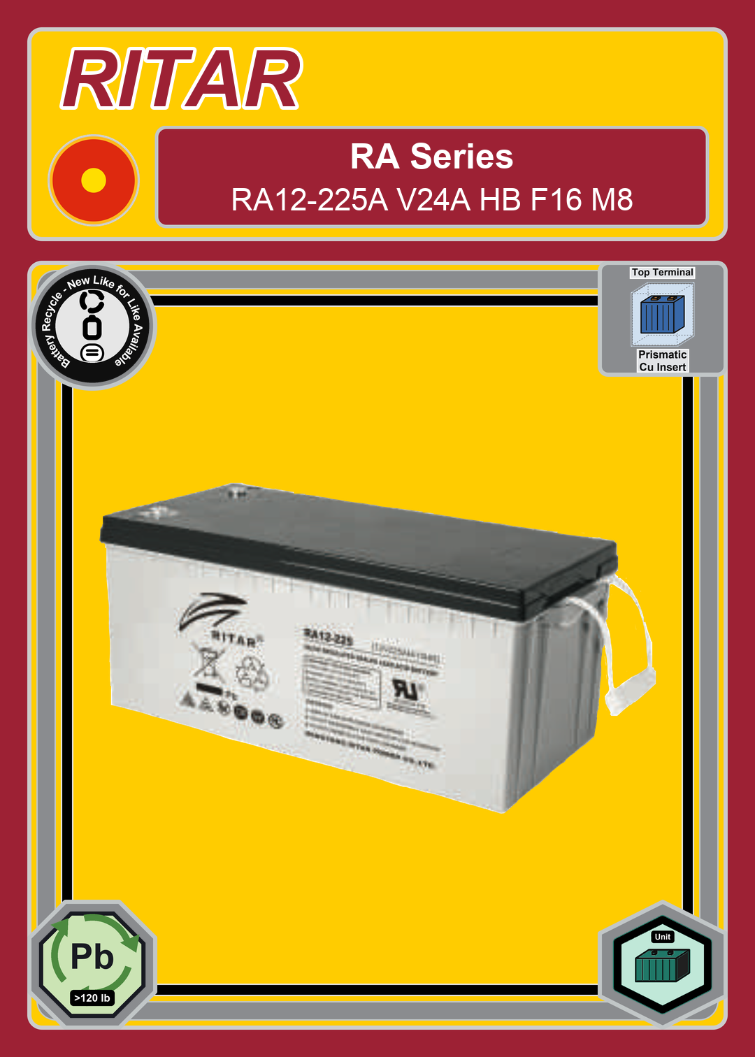 Battery Recycle Ritar RA Series RA12 225A V24A HB F16 M8