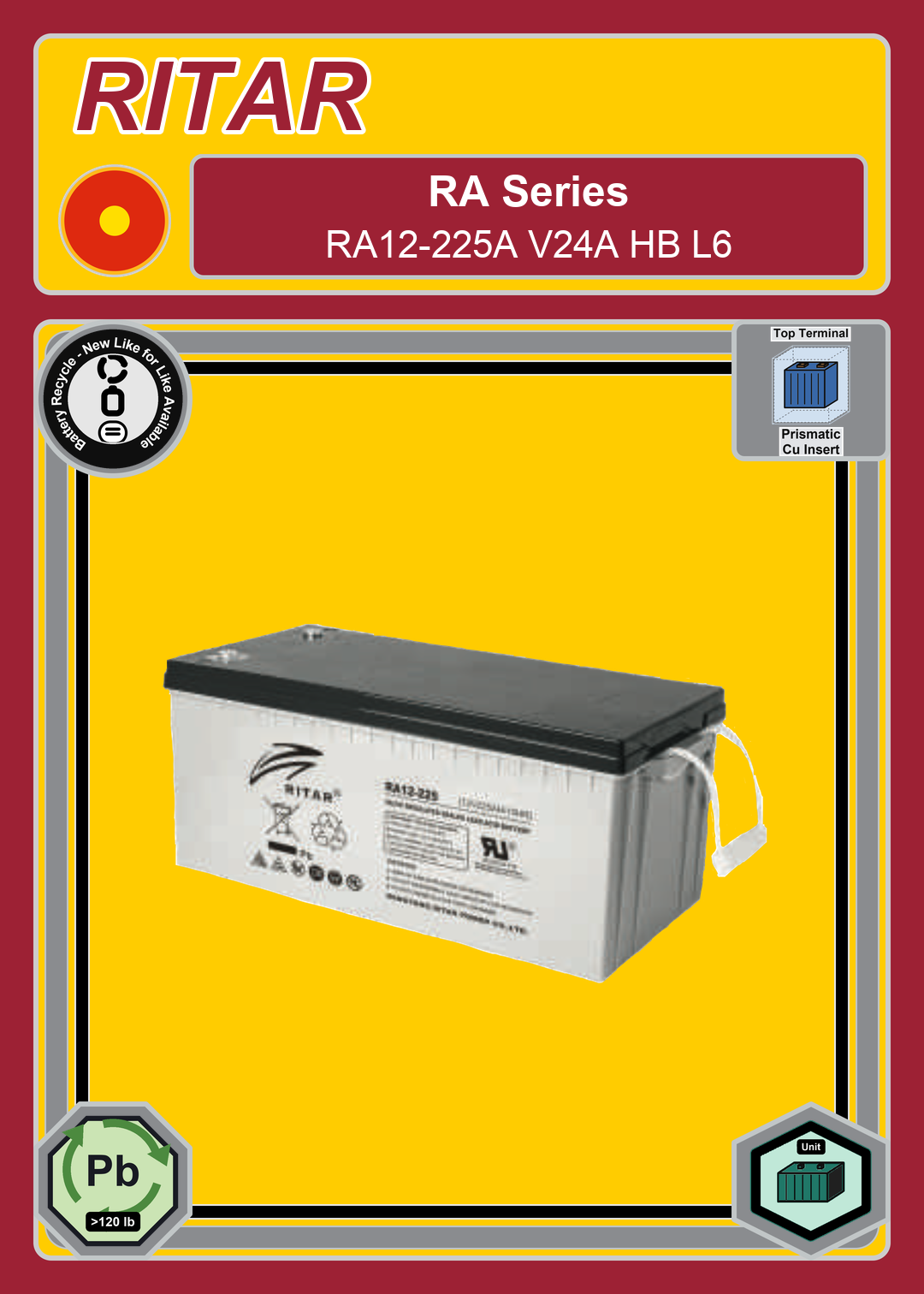 Battery Recycle Ritar RA Series RA12 225A V24A HB L6