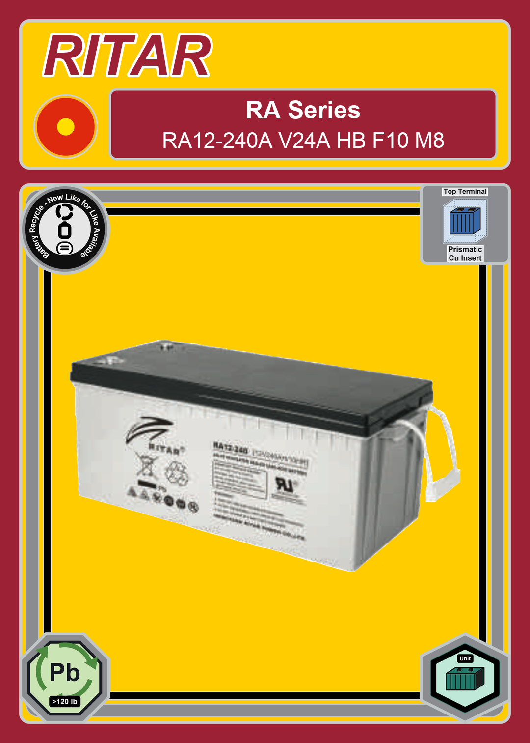 Battery Recycle Ritar RA Series RA12 240A V24A HB F10 M8
