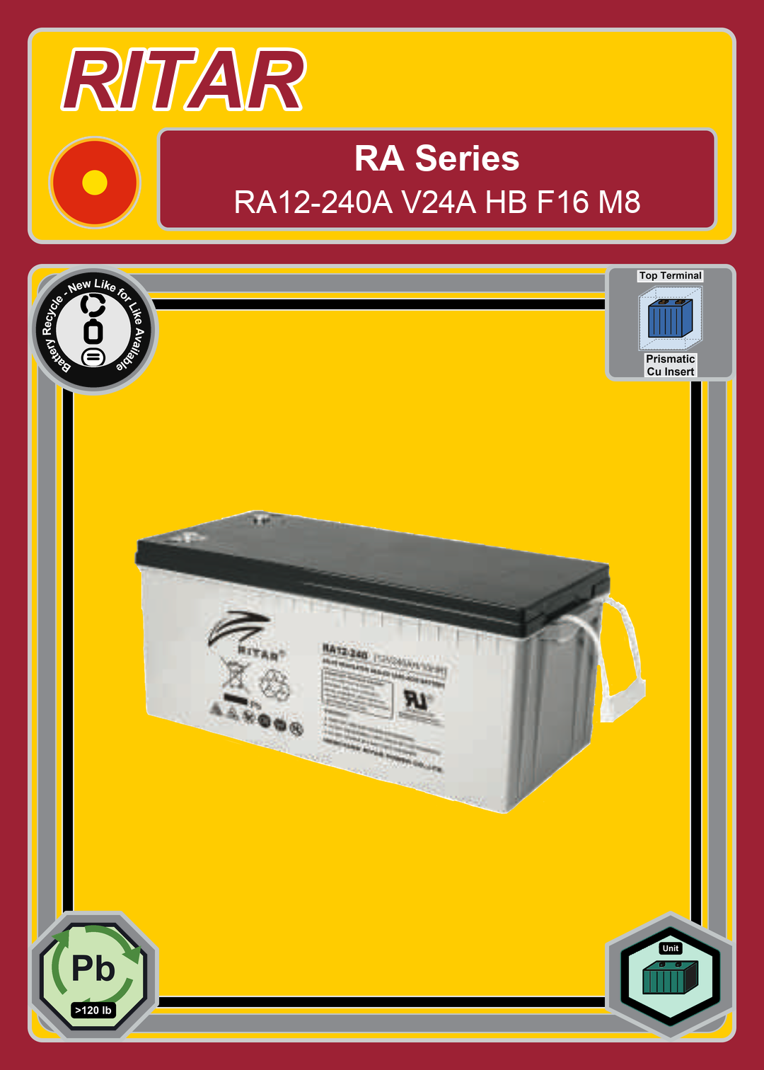 Battery Recycle Ritar RA Series RA12 240A V24A HB F16 M8