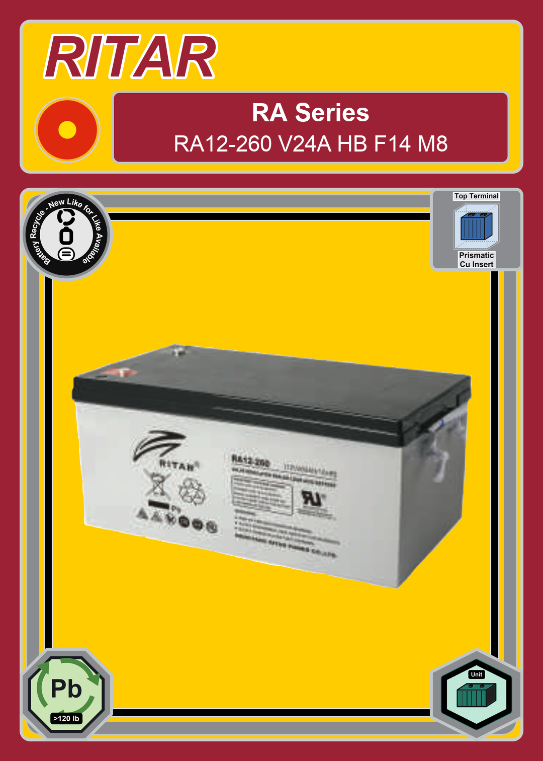 Battery Recycle Ritar RA Series RA12 260 V24A HB F14 M8