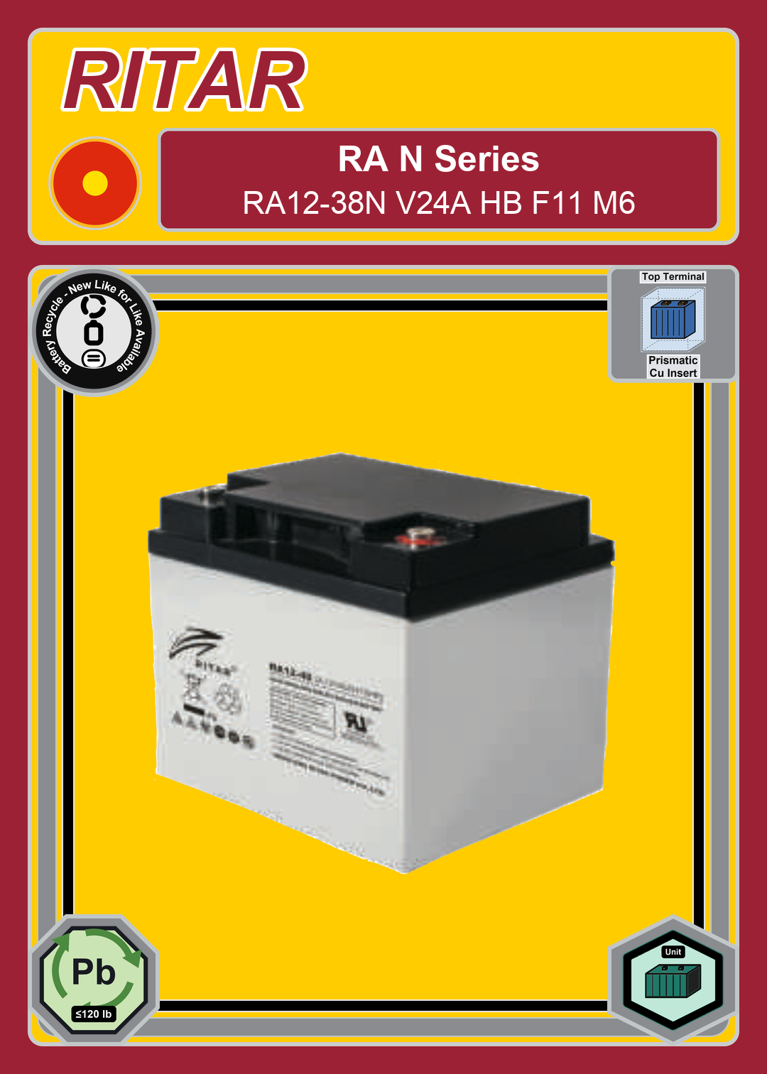 Battery Recycle Ritar RA N Series RA12 38N V24A HB F11 M6