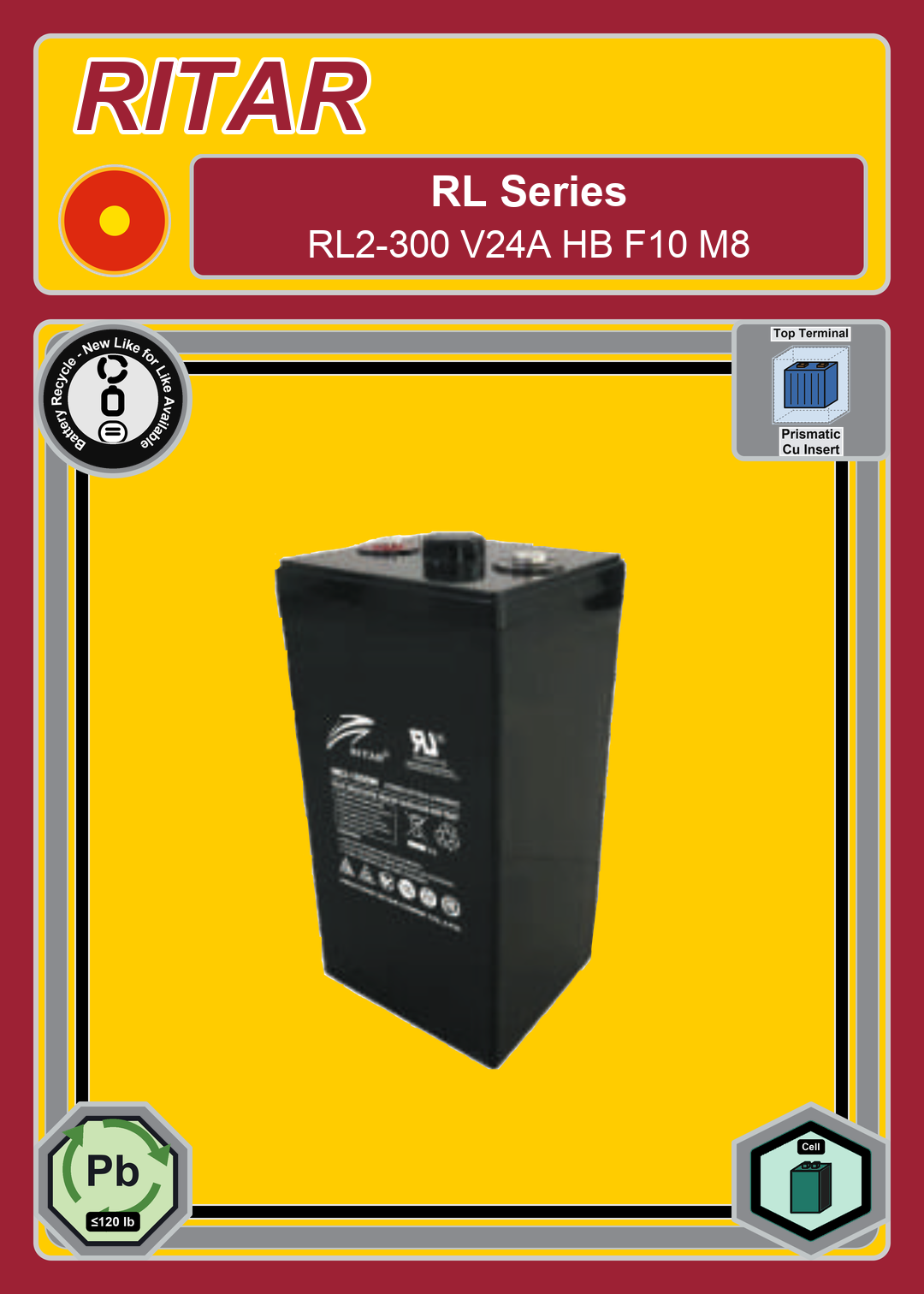 Battery Recycle Ritar RL Series RL2 300 V24A HB F10 M8
