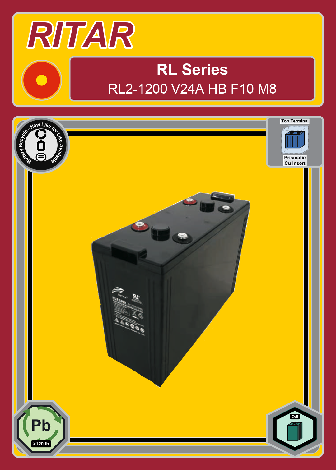 Battery Recycle Ritar RL Series RL2 1200 V24A HB F10 M8