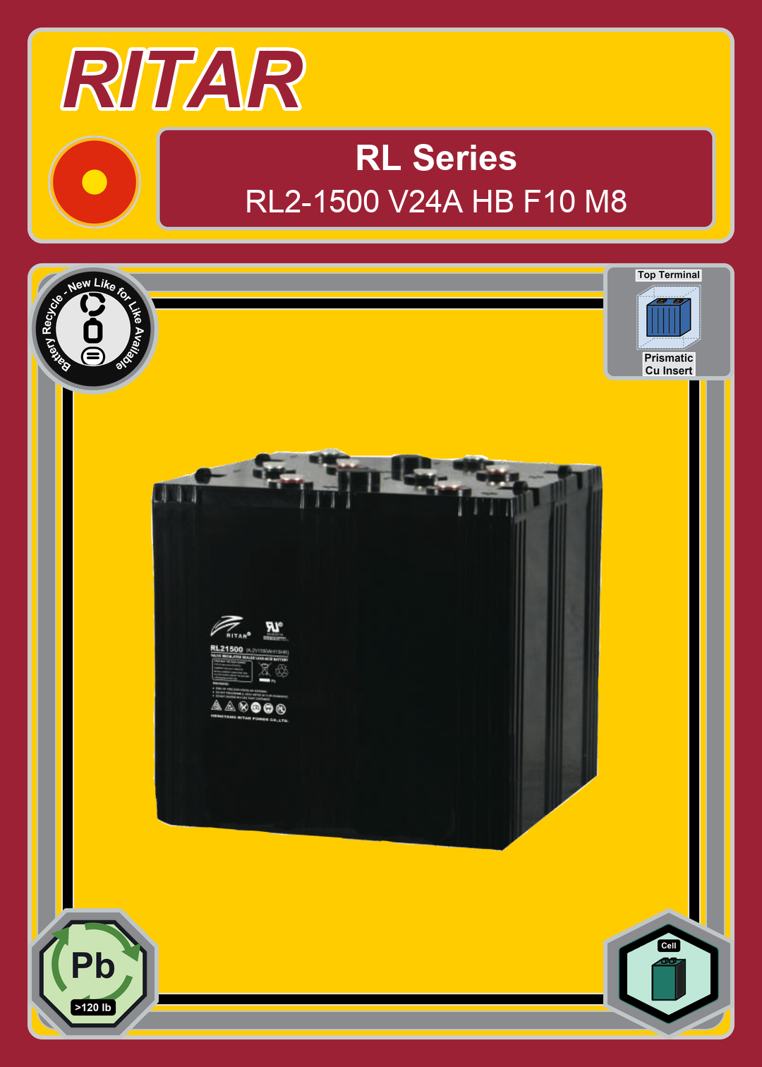 Battery Recycle Ritar RL Series RL2 1500 V24A HB F10 M8