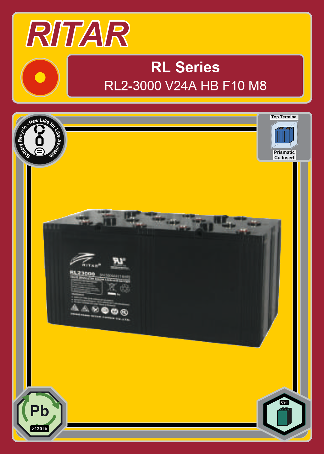 Battery Recycle Ritar RL Series RL2 3000 V24A HB F10 M8