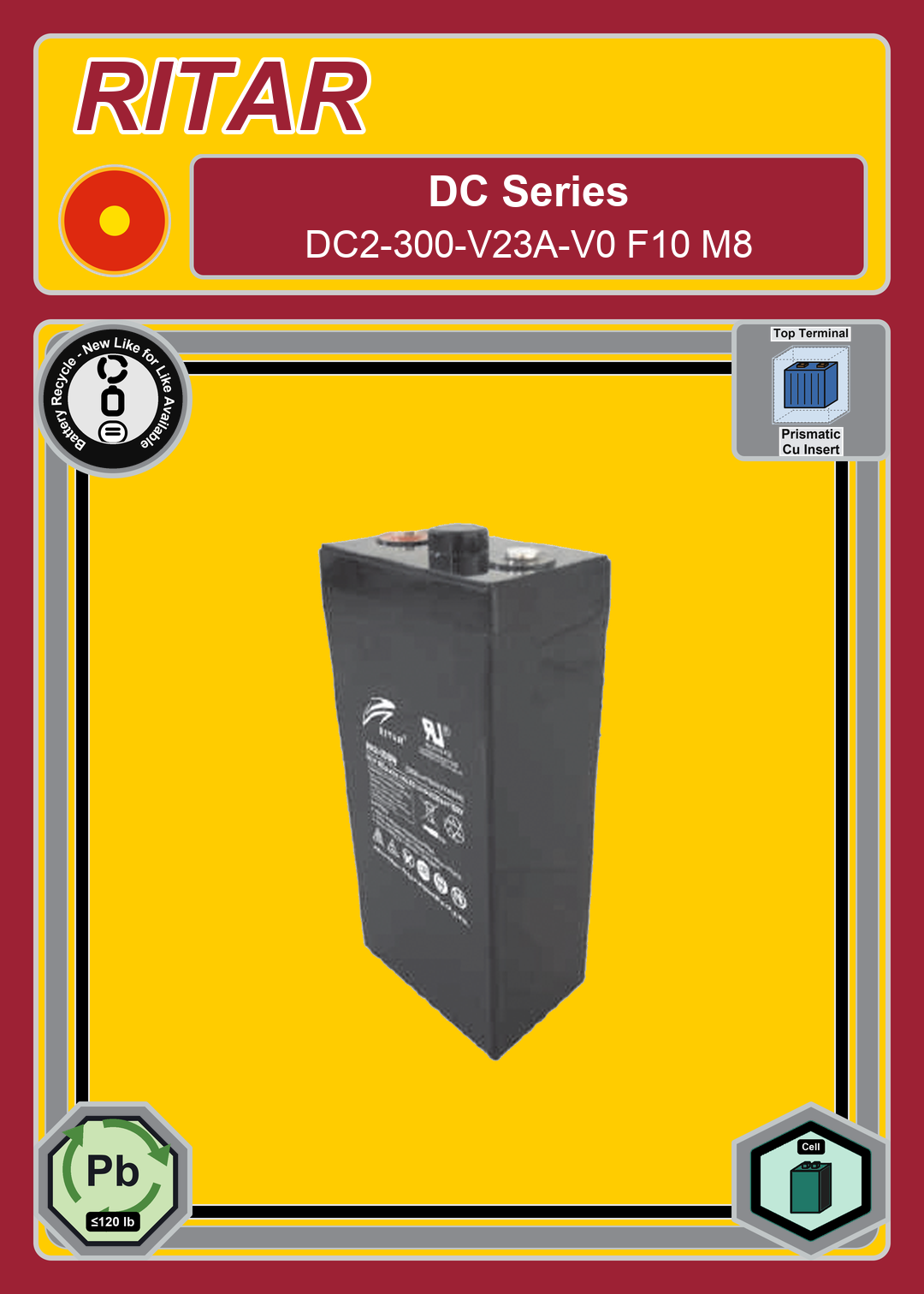 Battery Recycle Ritar DC Series DC2 300 V23A V0 F10 M8