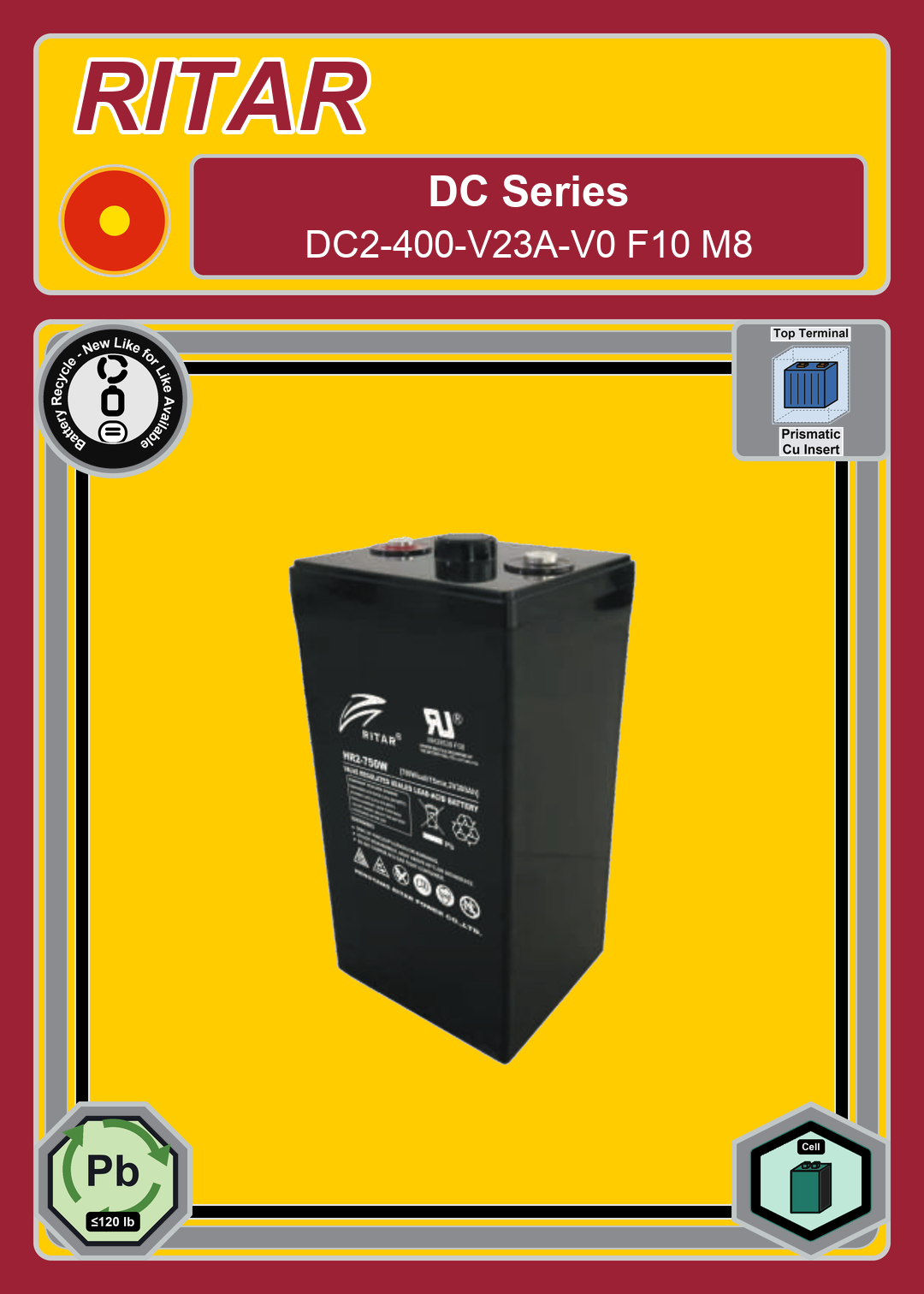 Battery Recycle Ritar DC Series DC2 400 V23A V0 F10 M8