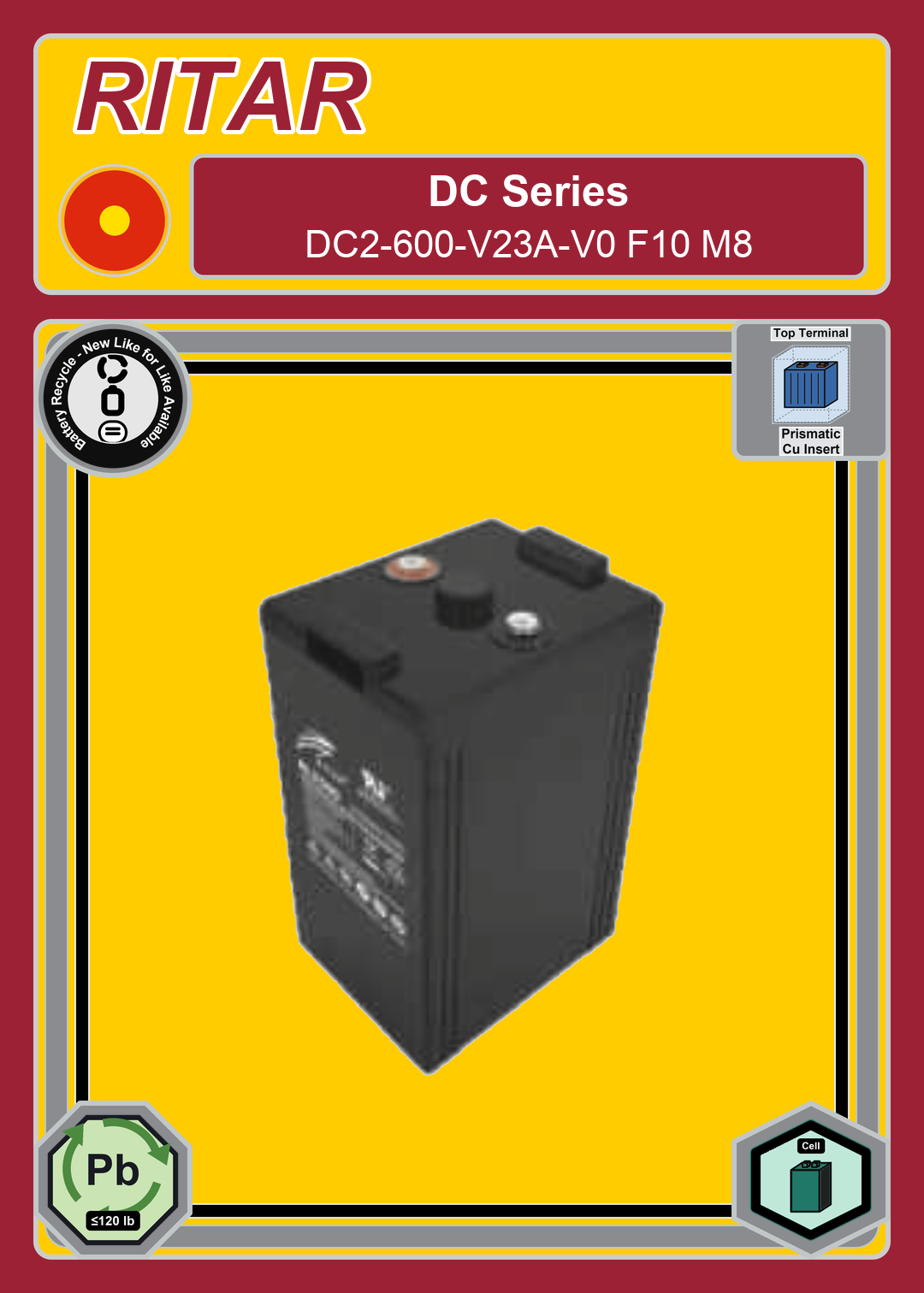 Battery Recycle Ritar DC Series DC2 600 V23A V0 F10 M8