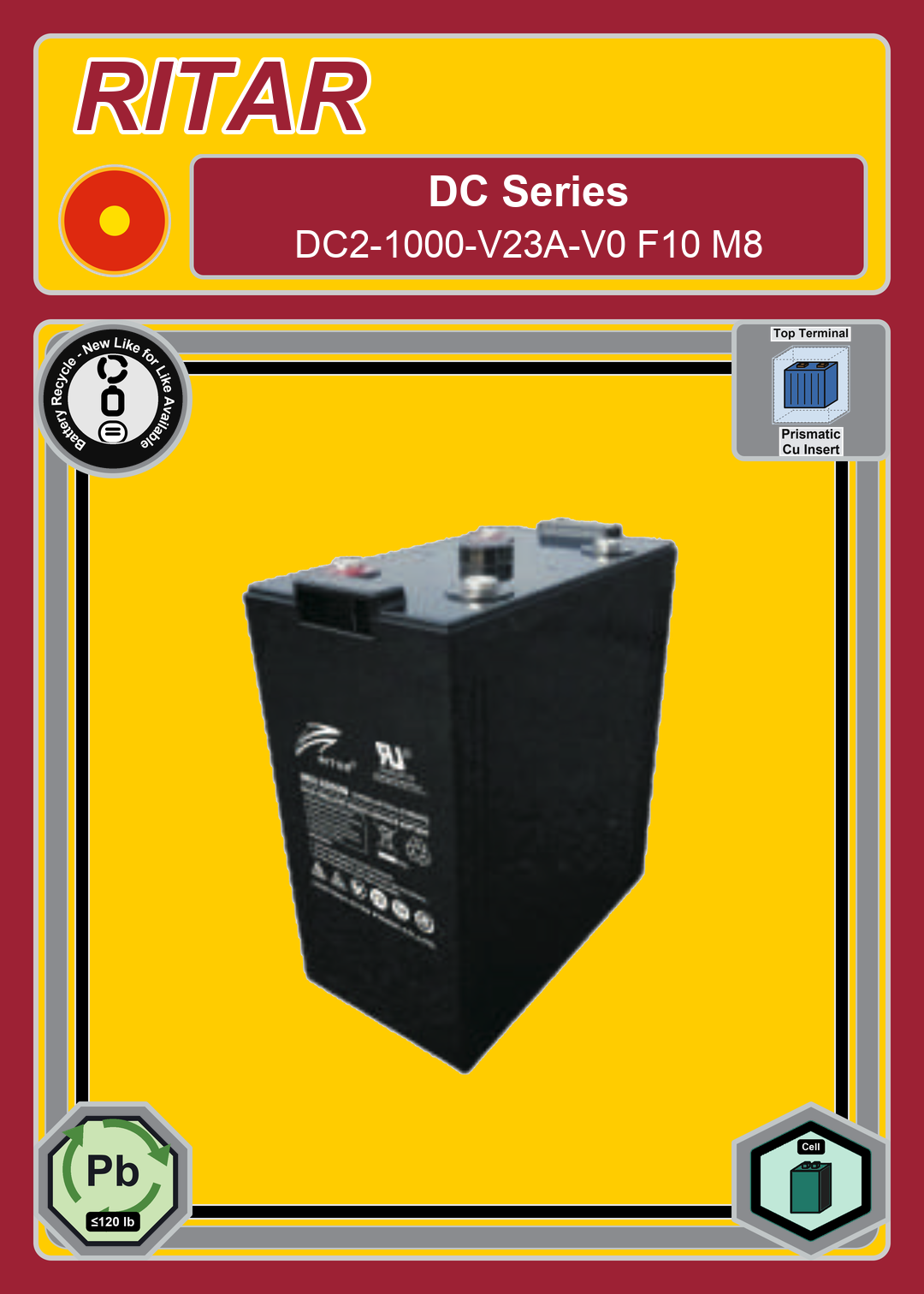 Battery Recycle Ritar DC Series DC2 1000 V23A V0 F10 M8