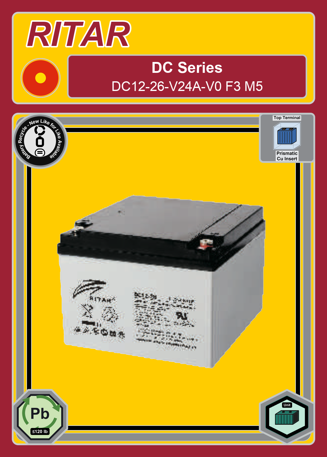 Battery Recycle Ritar DC Series DC12 26 V24A V0 F3 M5